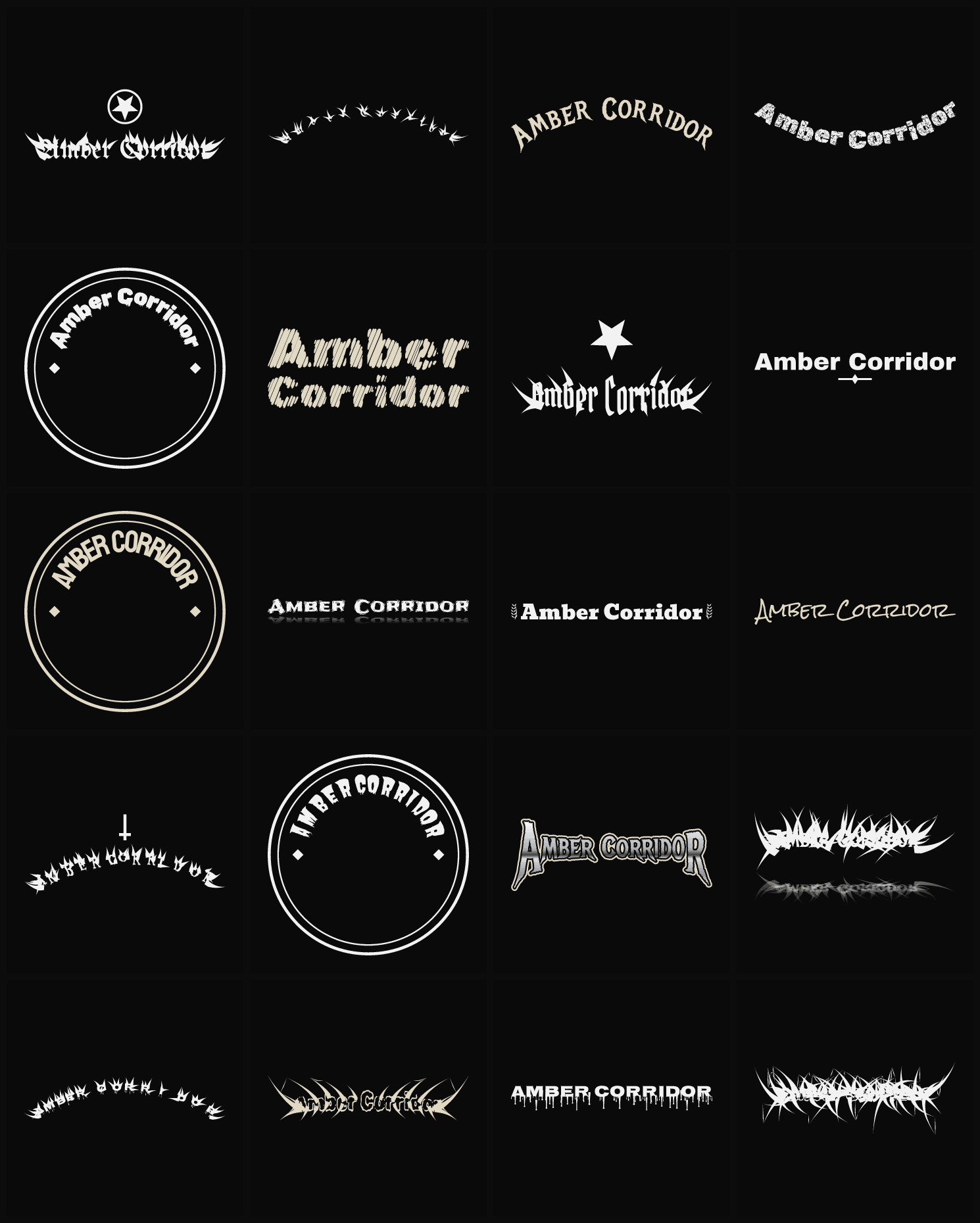 Twenty Amber Corridor band logo ideas — different faces, treatments and spike settings
