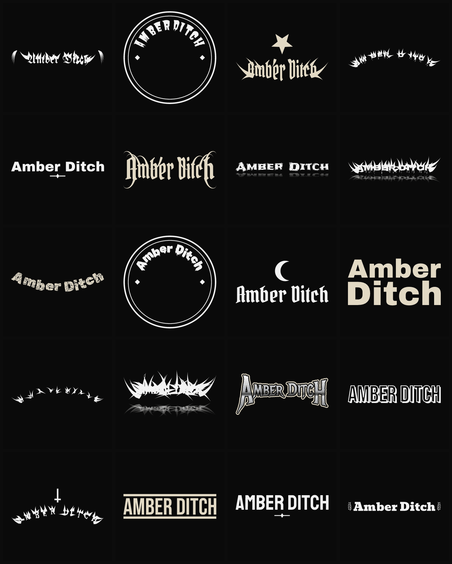 Twenty Amber Ditch band logo ideas — different faces, treatments and spike settings