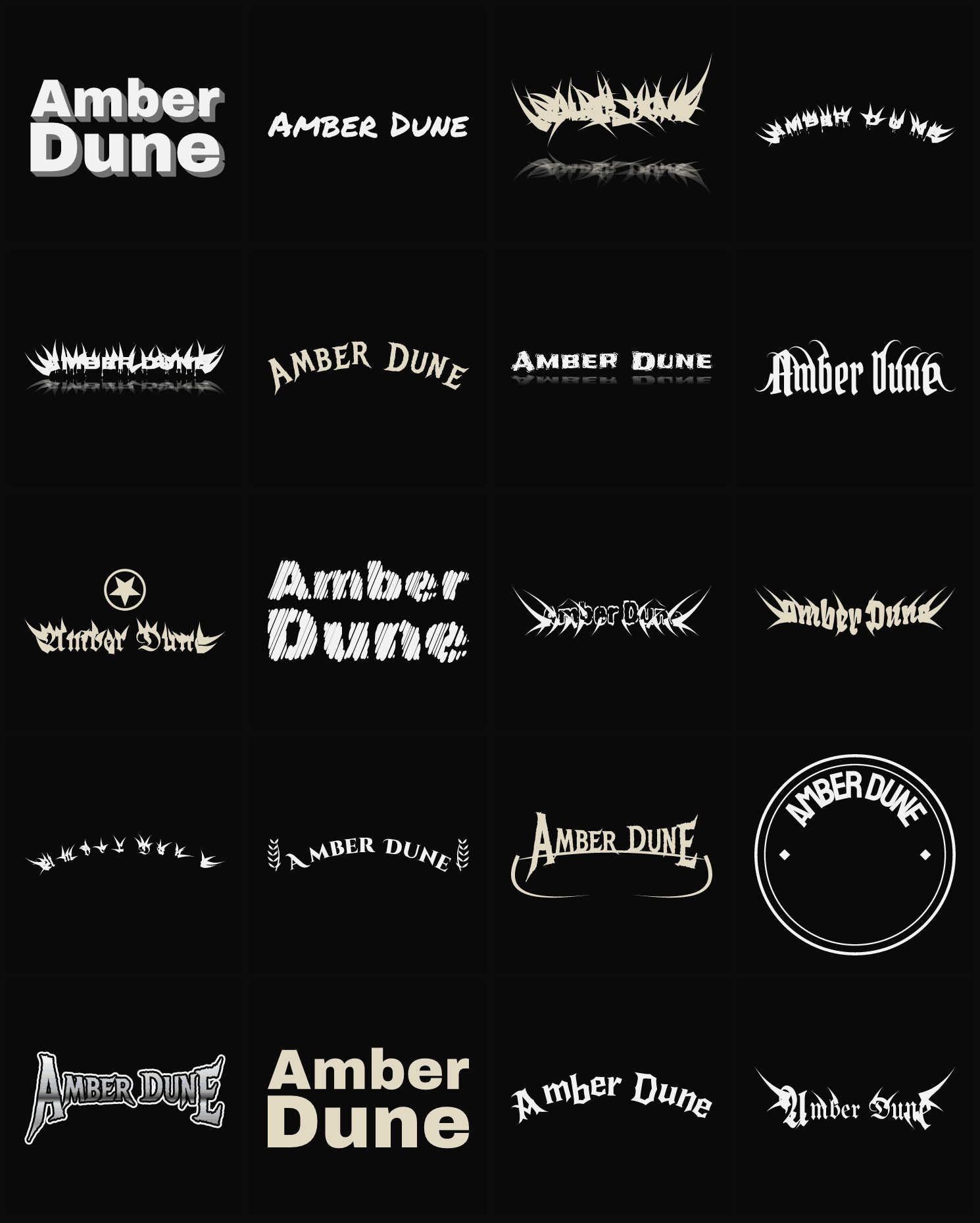 Twenty Amber Dune band logo ideas — different faces, treatments and spike settings