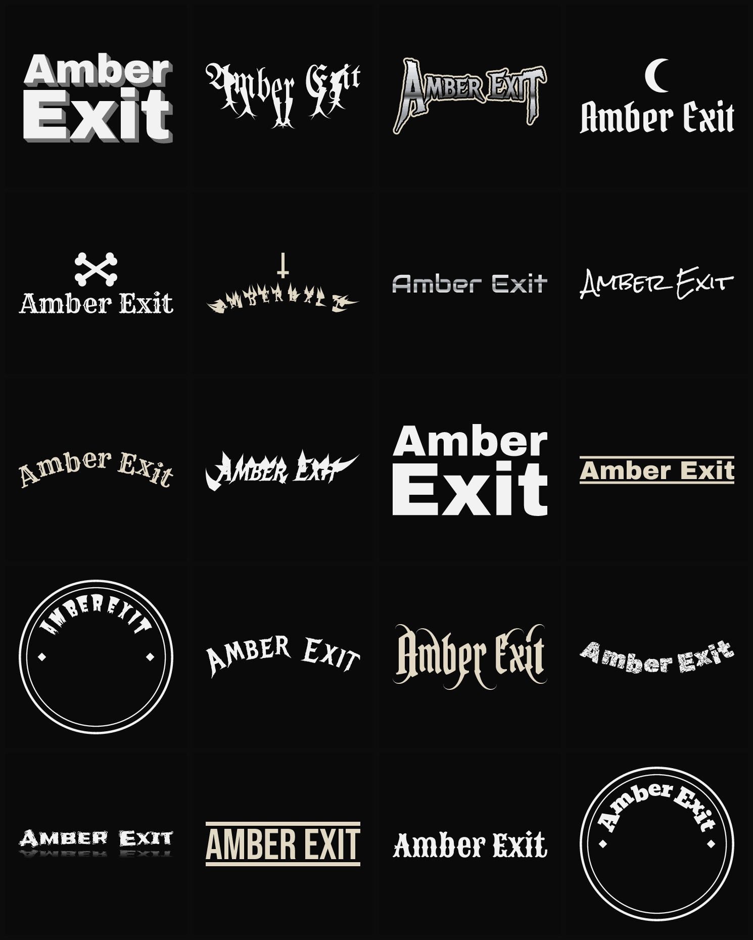 Twenty Amber Exit band logo ideas — different faces, treatments and spike settings