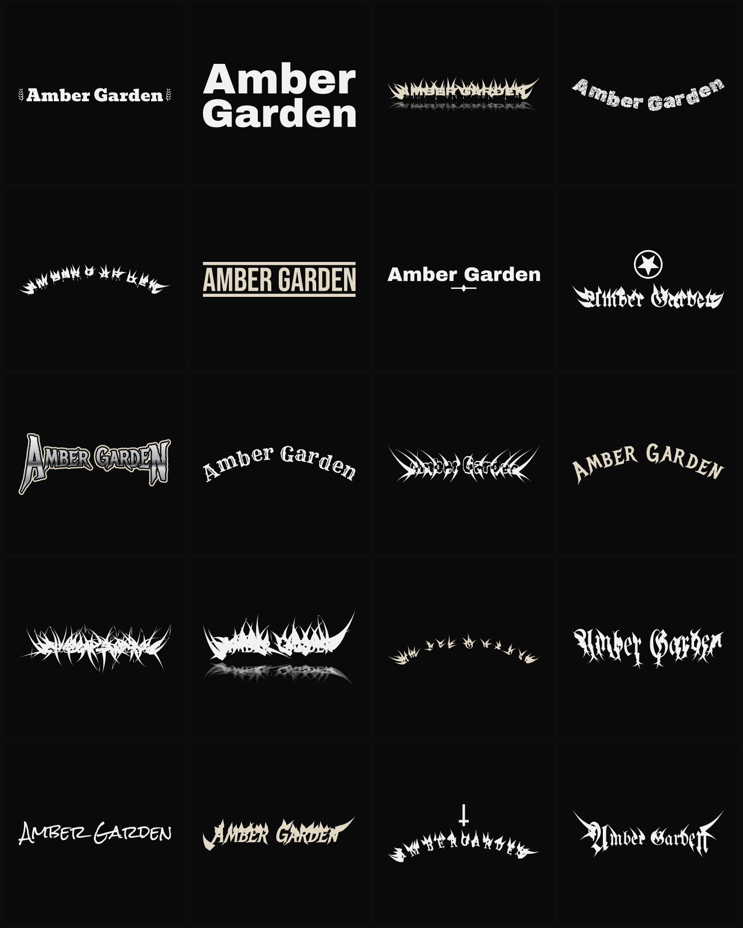 Twenty Amber Garden band logo ideas — different faces, treatments and spike settings