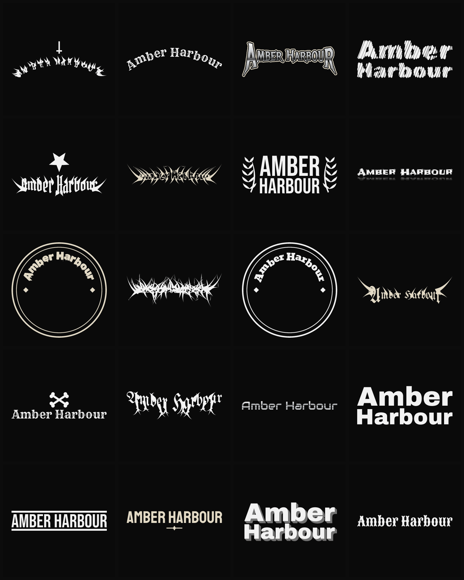 Twenty Amber Harbour band logo ideas — different faces, treatments and spike settings