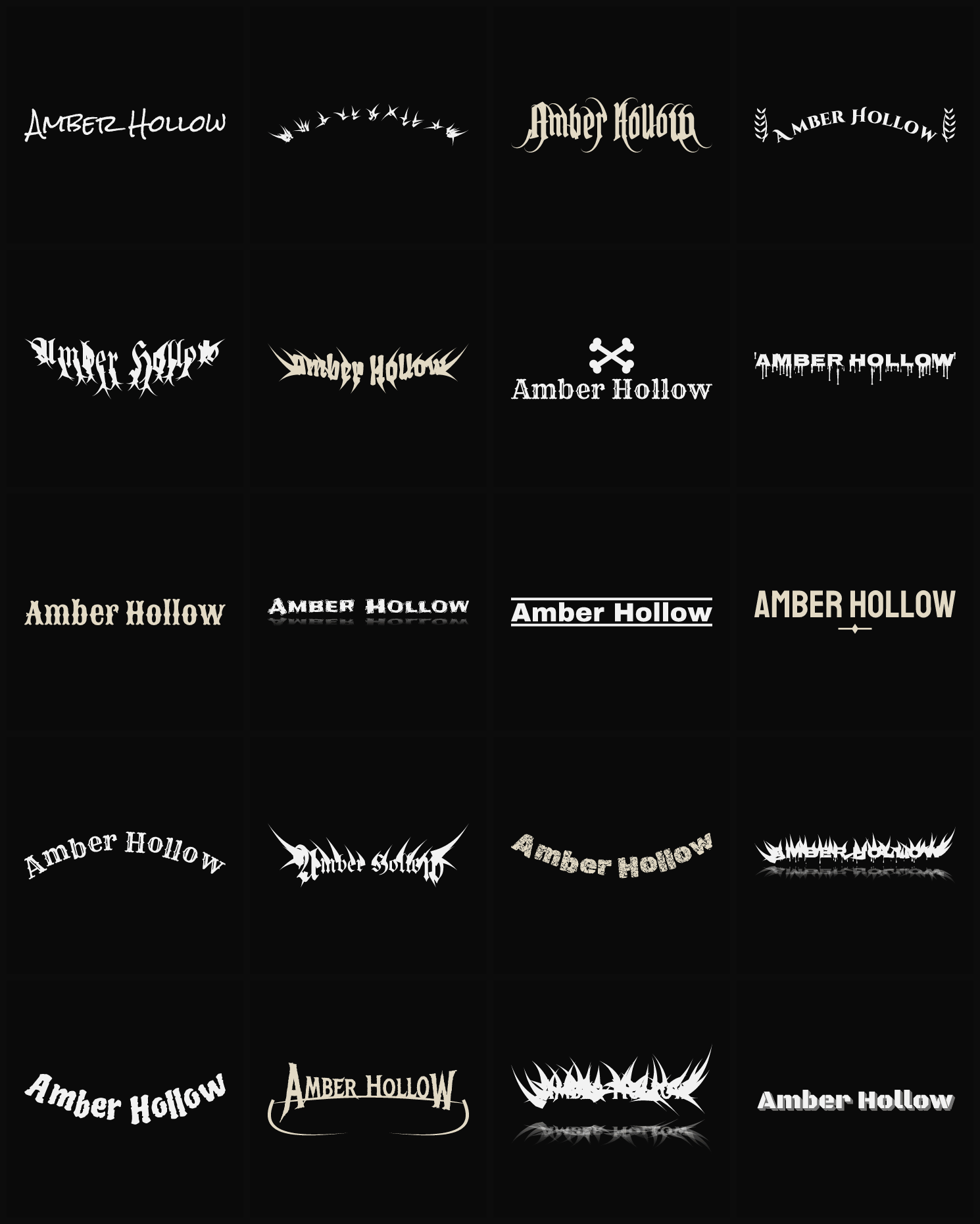 Twenty Amber Hollow band logo ideas — different faces, treatments and spike settings