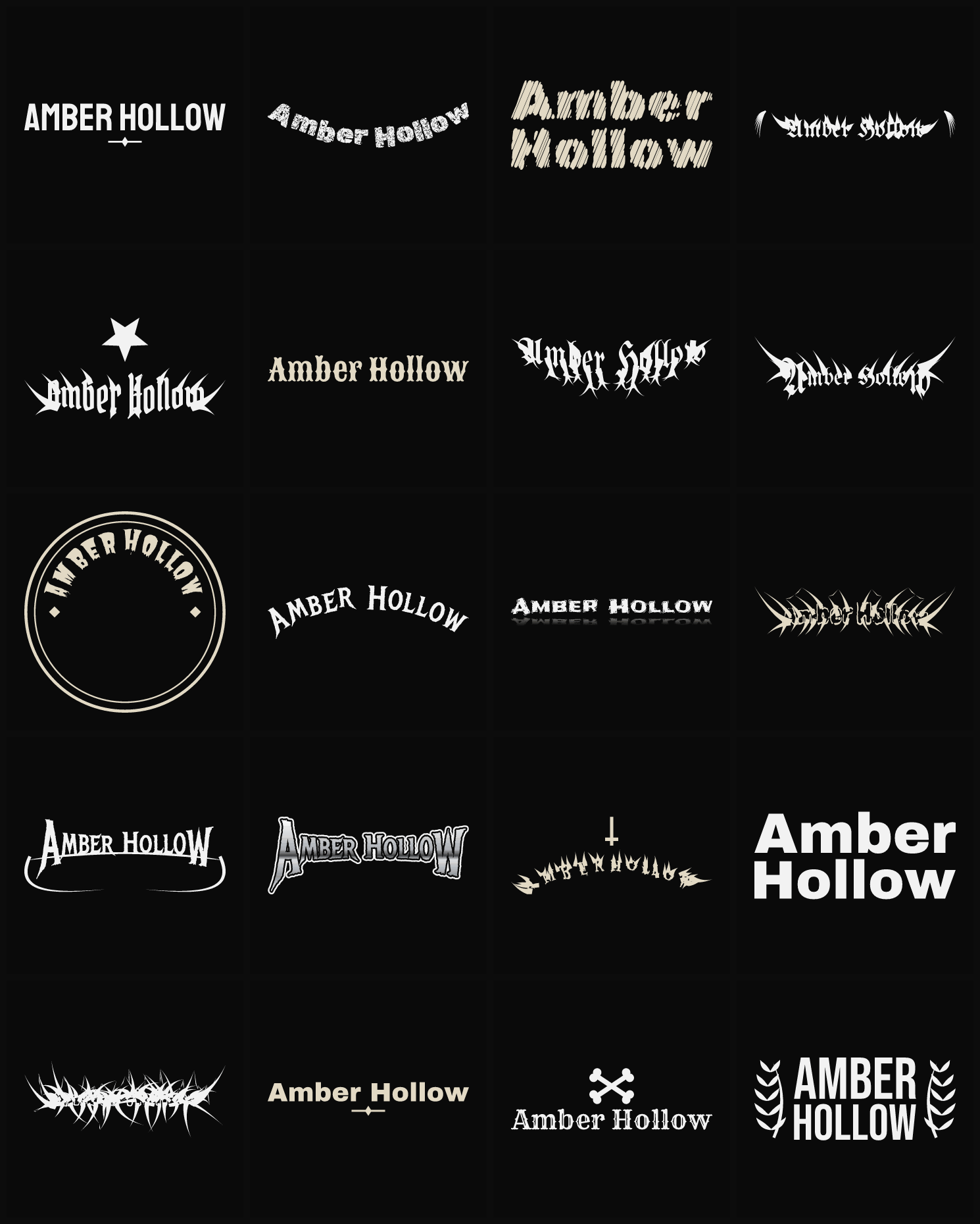 Twenty Amber Hollow band logo ideas — different faces, treatments and spike settings