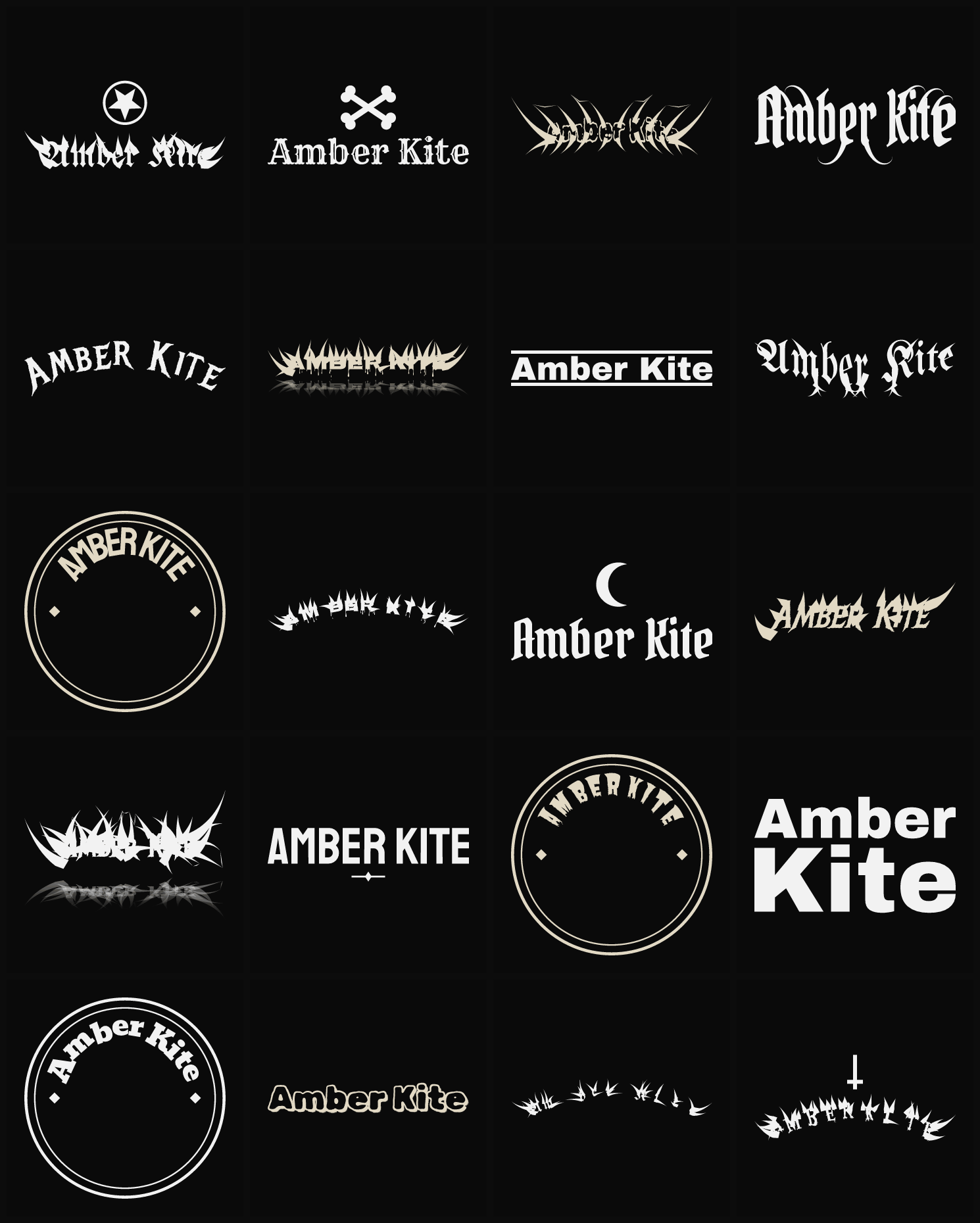 Twenty Amber Kite band logo ideas — different faces, treatments and spike settings