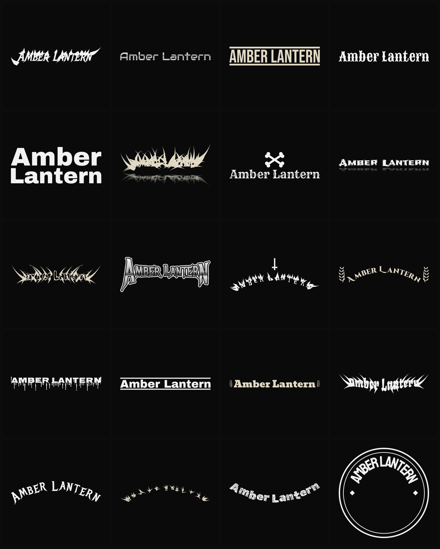 Twenty Amber Lantern band logo ideas — different faces, treatments and spike settings