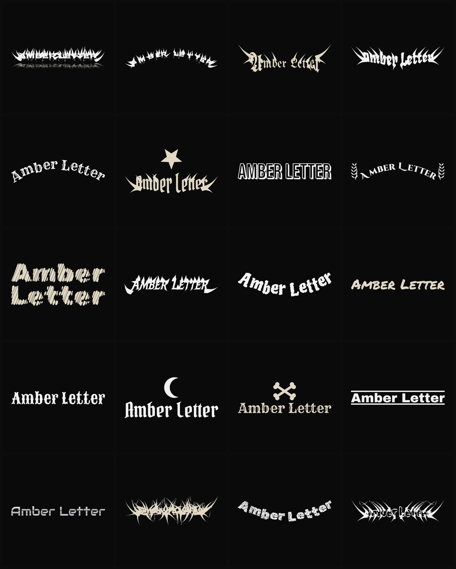Twenty Amber Letter band logo ideas — different faces, treatments and spike settings