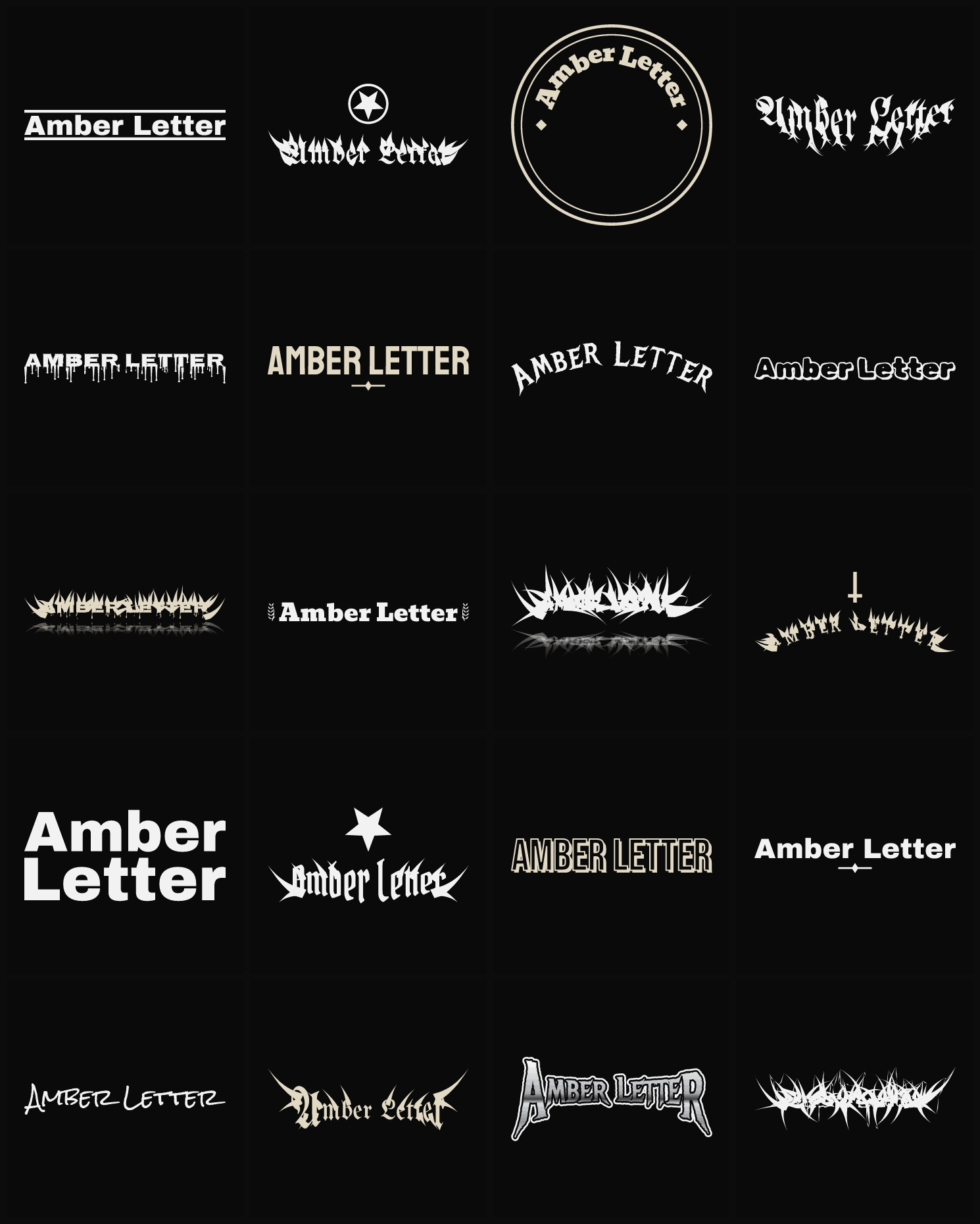 Twenty Amber Letter band logo ideas — different faces, treatments and spike settings