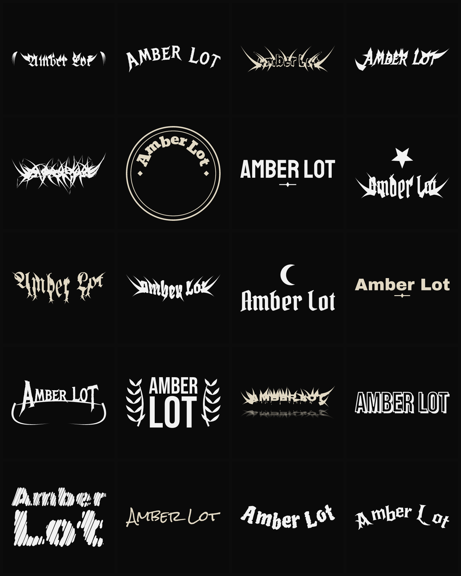 Twenty Amber Lot band logo ideas — different faces, treatments and spike settings