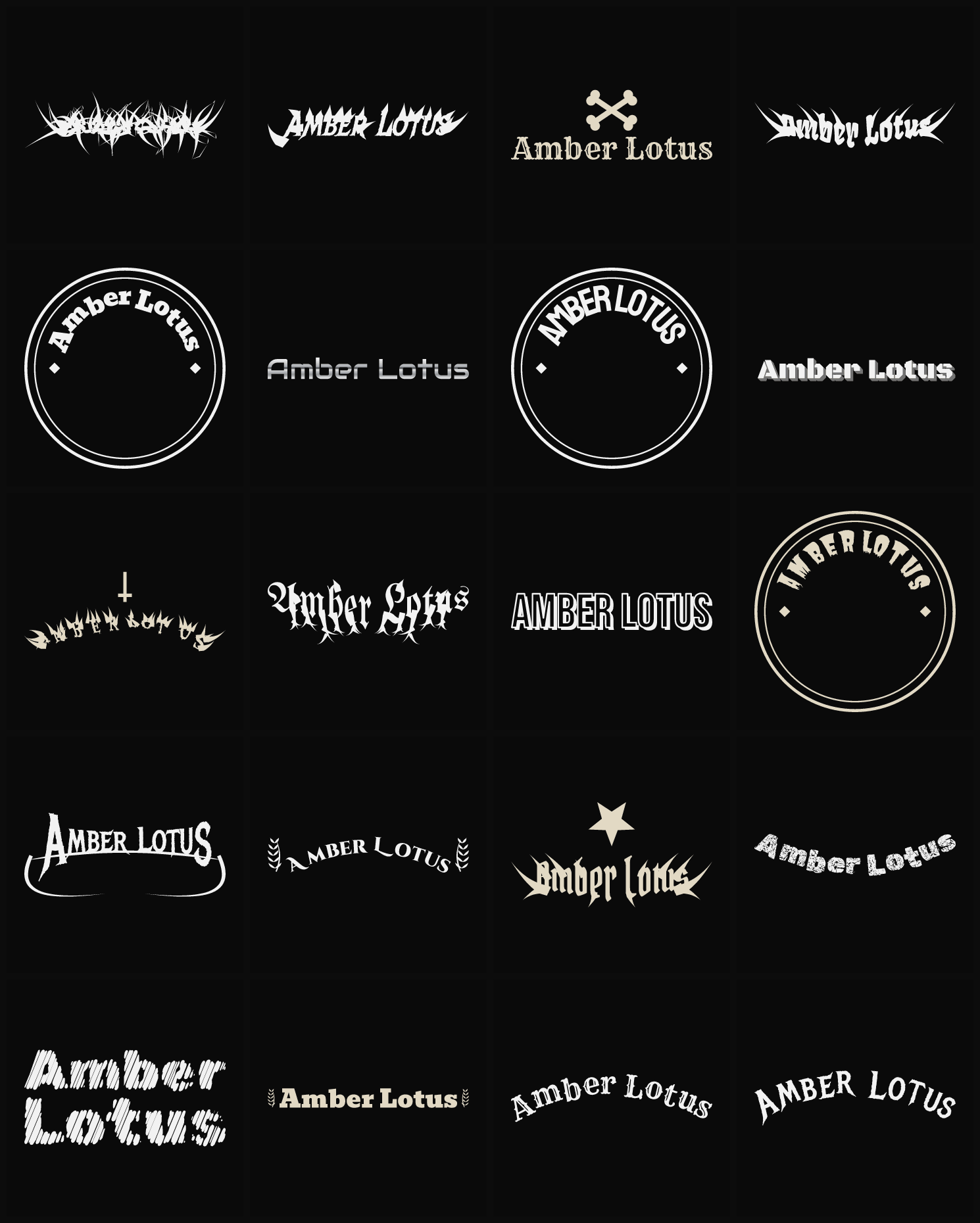 Twenty Amber Lotus band logo ideas — different faces, treatments and spike settings
