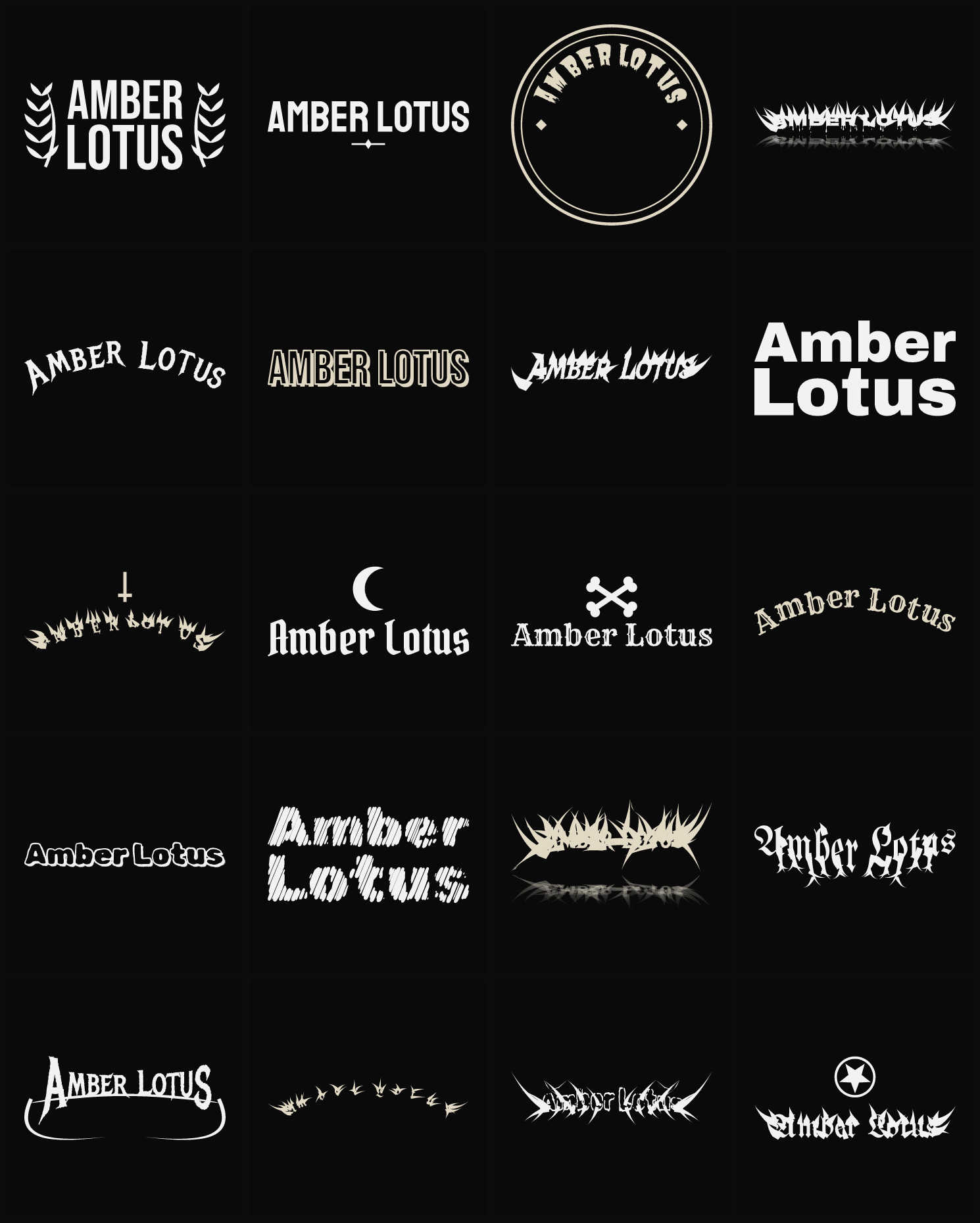 Twenty Amber Lotus band logo ideas — different faces, treatments and spike settings