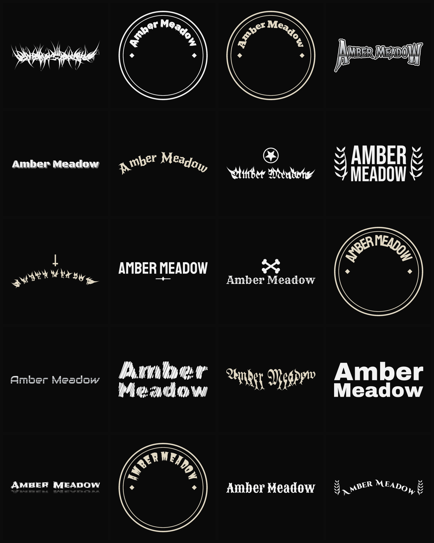 Twenty Amber Meadow band logo ideas — different faces, treatments and spike settings