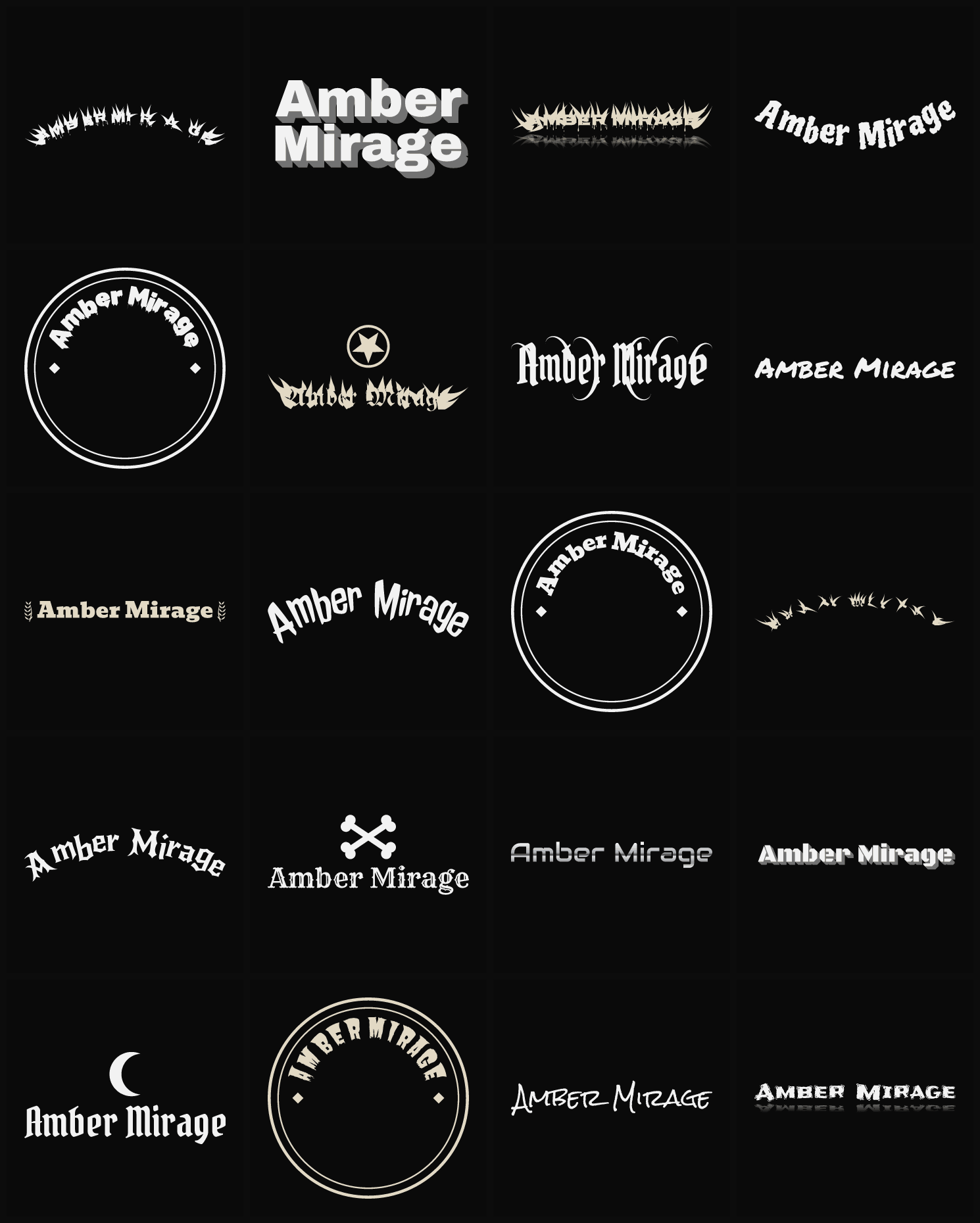 Twenty Amber Mirage band logo ideas — different faces, treatments and spike settings