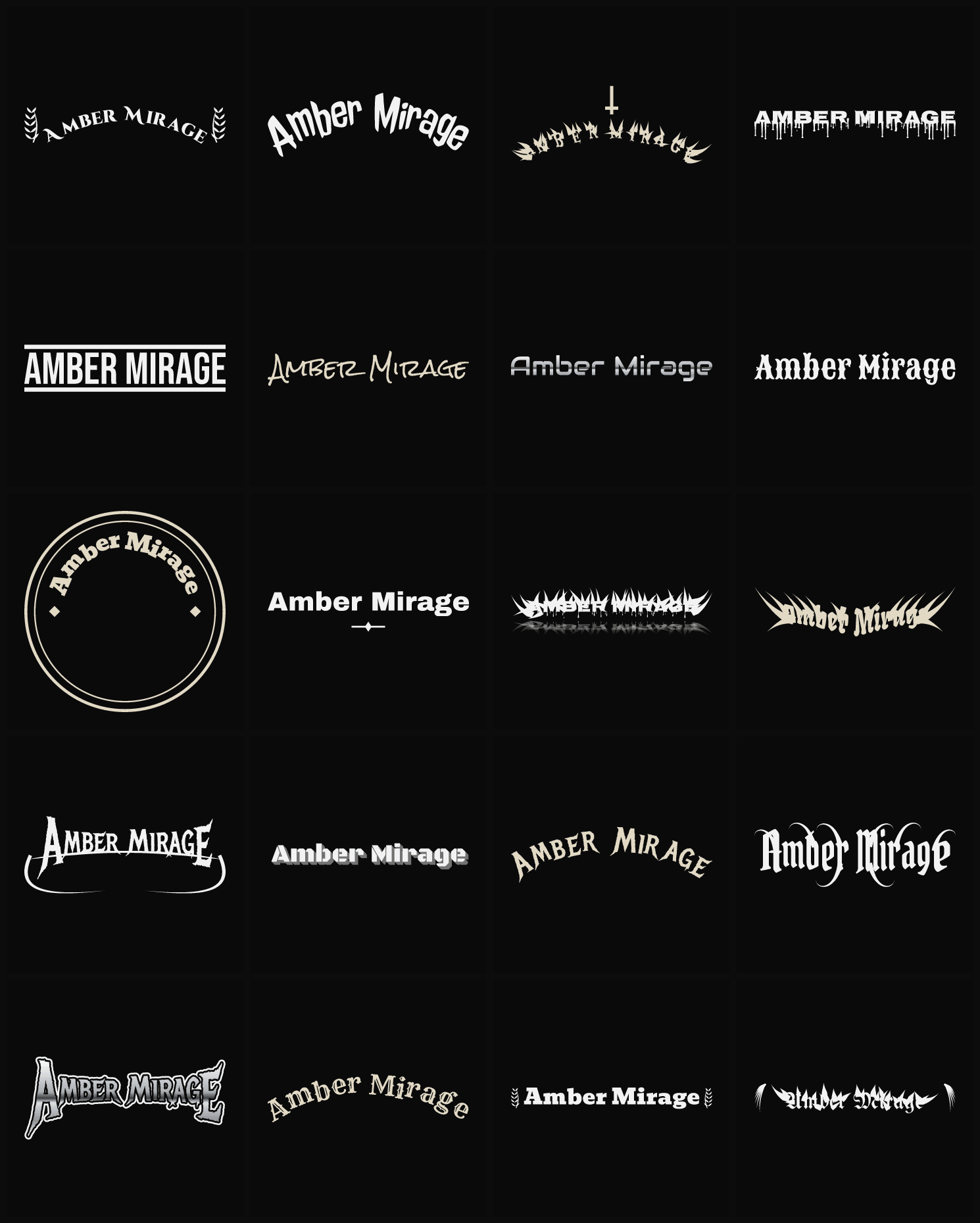 Twenty Amber Mirage band logo ideas — different faces, treatments and spike settings