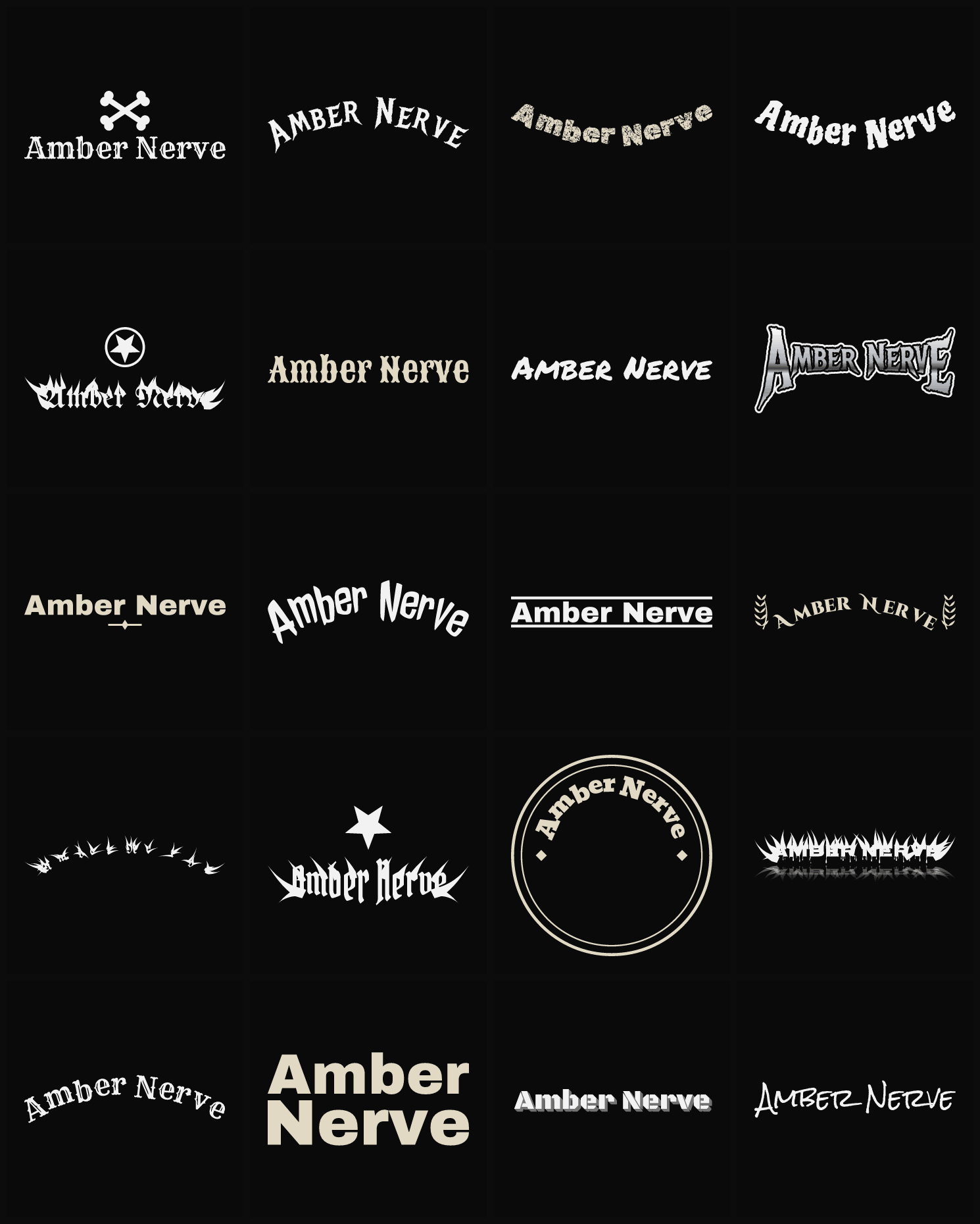 Twenty Amber Nerve band logo ideas — different faces, treatments and spike settings