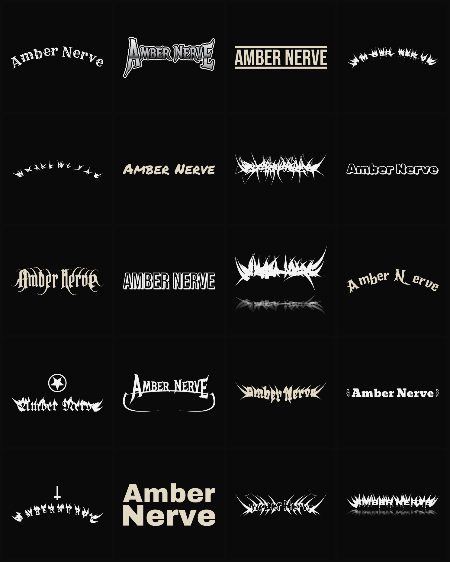 Twenty Amber Nerve band logo ideas — different faces, treatments and spike settings