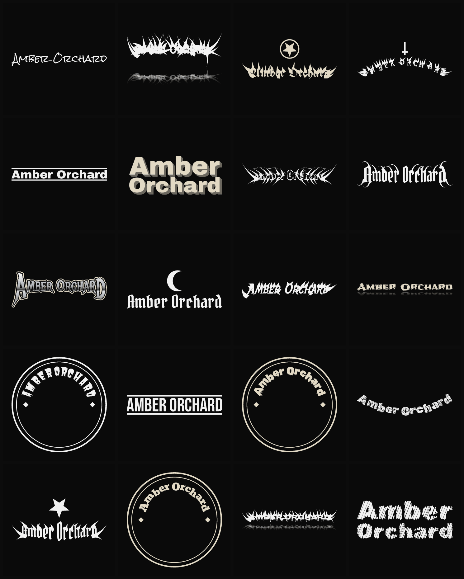 Twenty Amber Orchard band logo ideas — different faces, treatments and spike settings