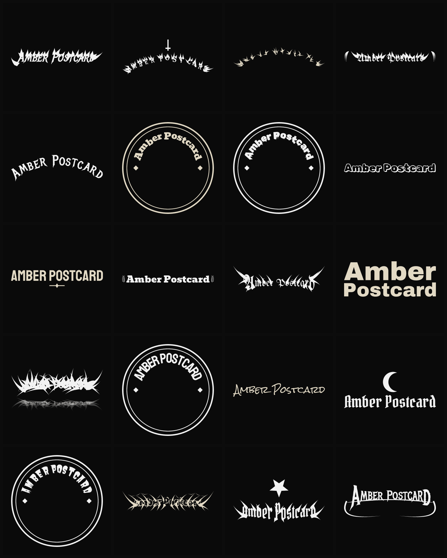 Twenty Amber Postcard band logo ideas — different faces, treatments and spike settings