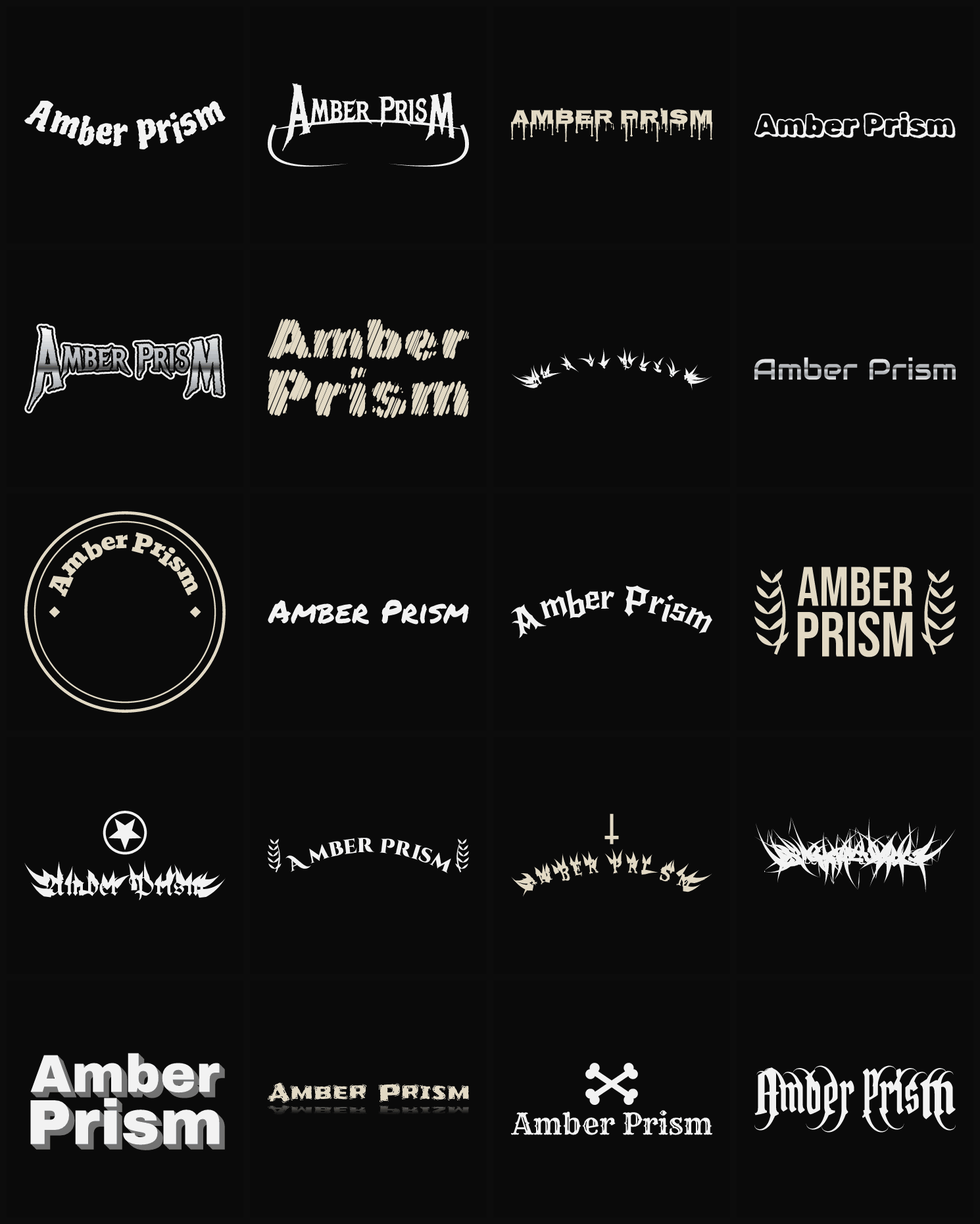 Twenty Amber Prism band logo ideas — different faces, treatments and spike settings