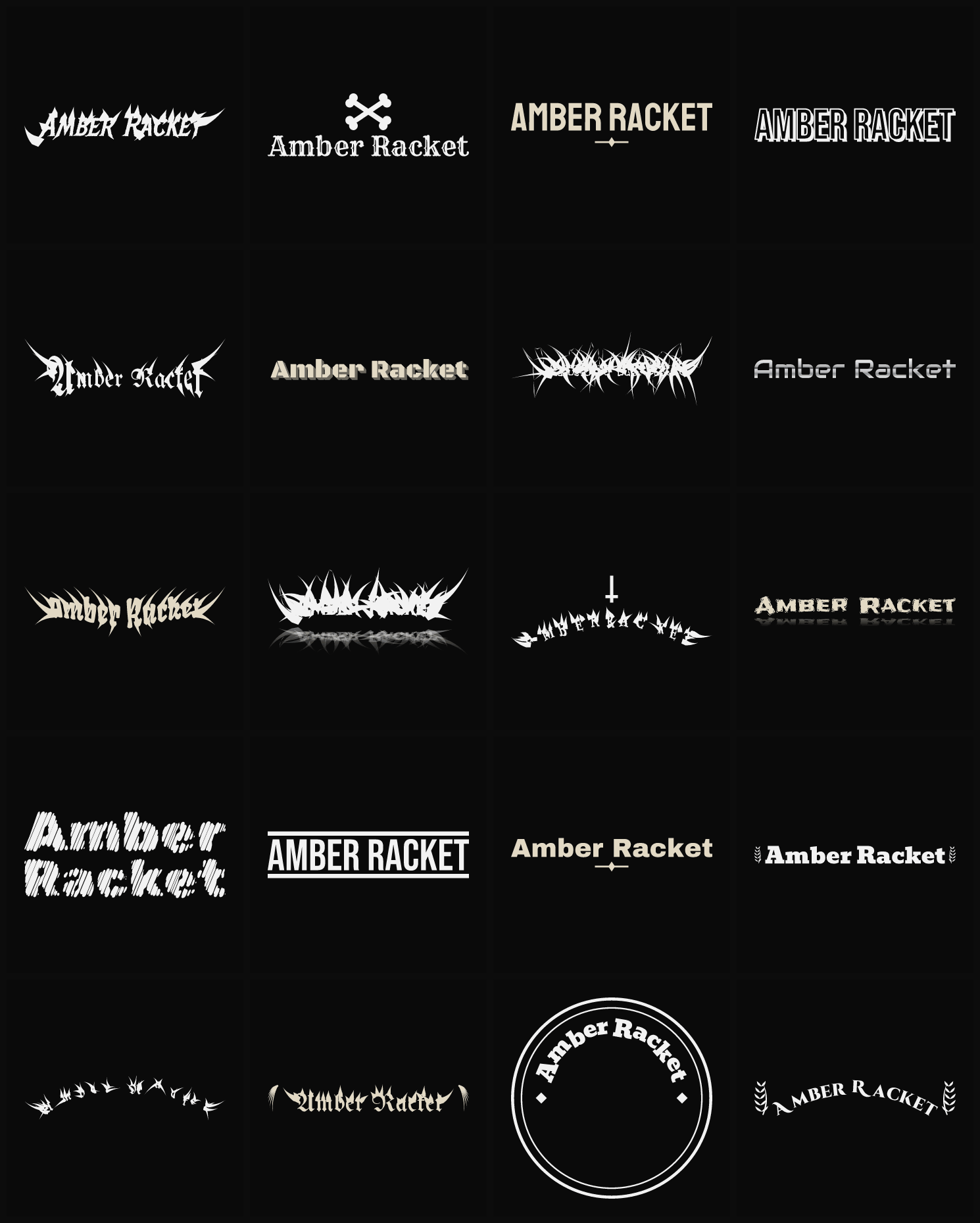 Twenty Amber Racket band logo ideas — different faces, treatments and spike settings