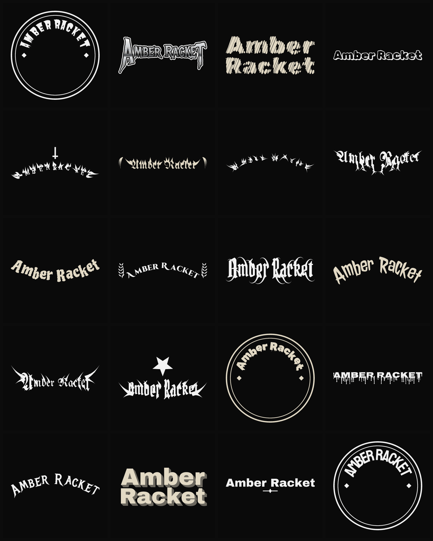 Twenty Amber Racket band logo ideas — different faces, treatments and spike settings