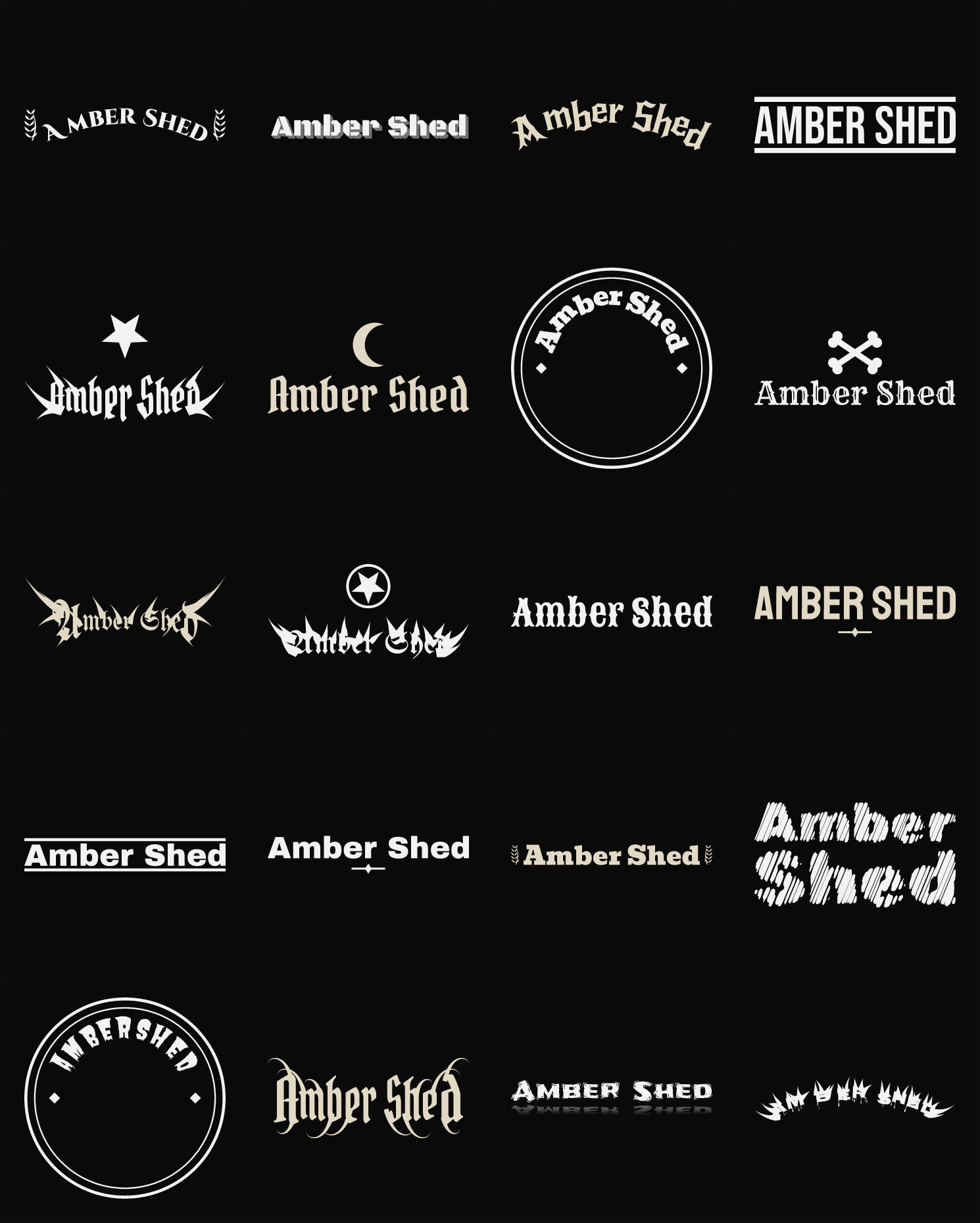 Twenty Amber Shed band logo ideas — different faces, treatments and spike settings
