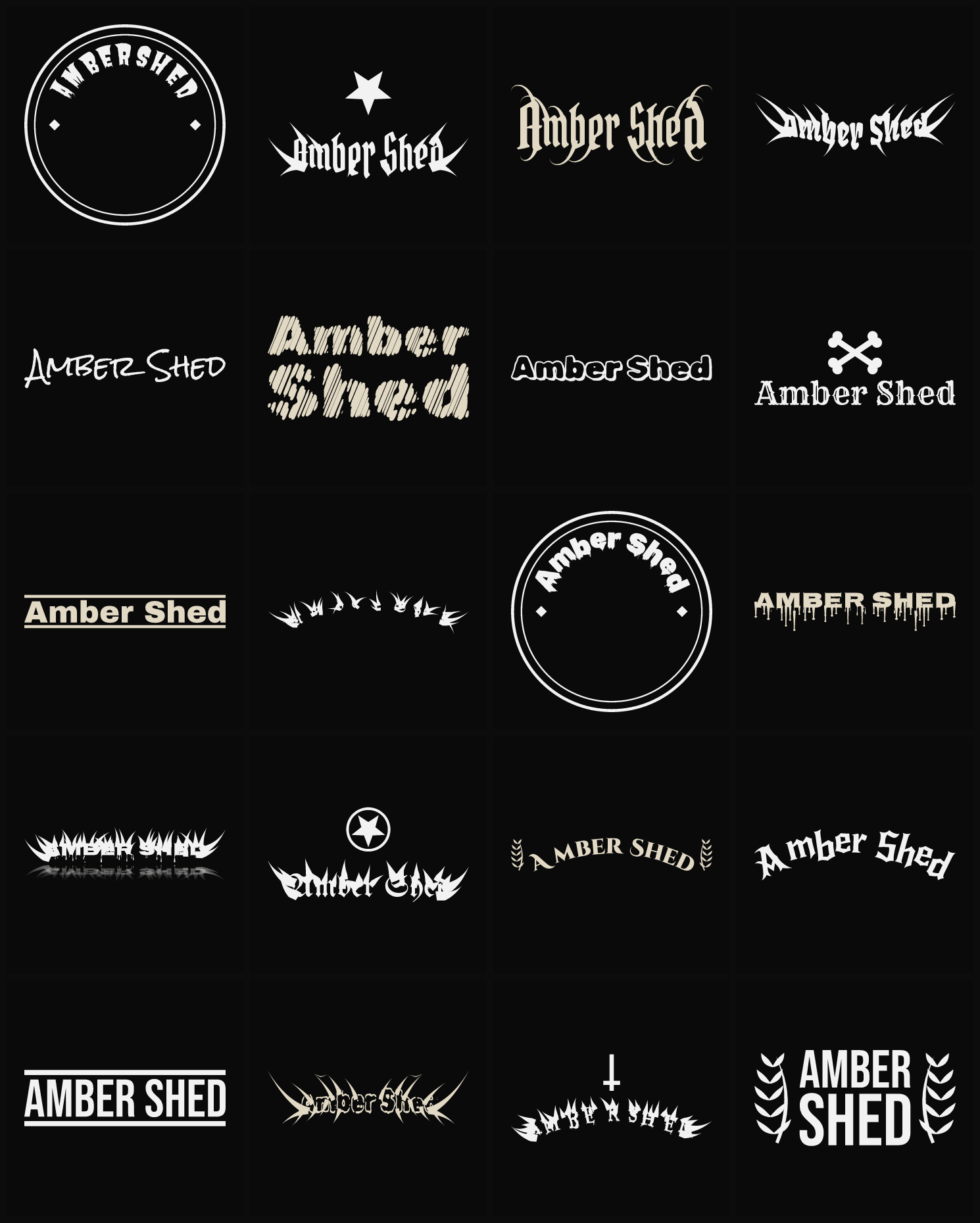Twenty Amber Shed band logo ideas — different faces, treatments and spike settings