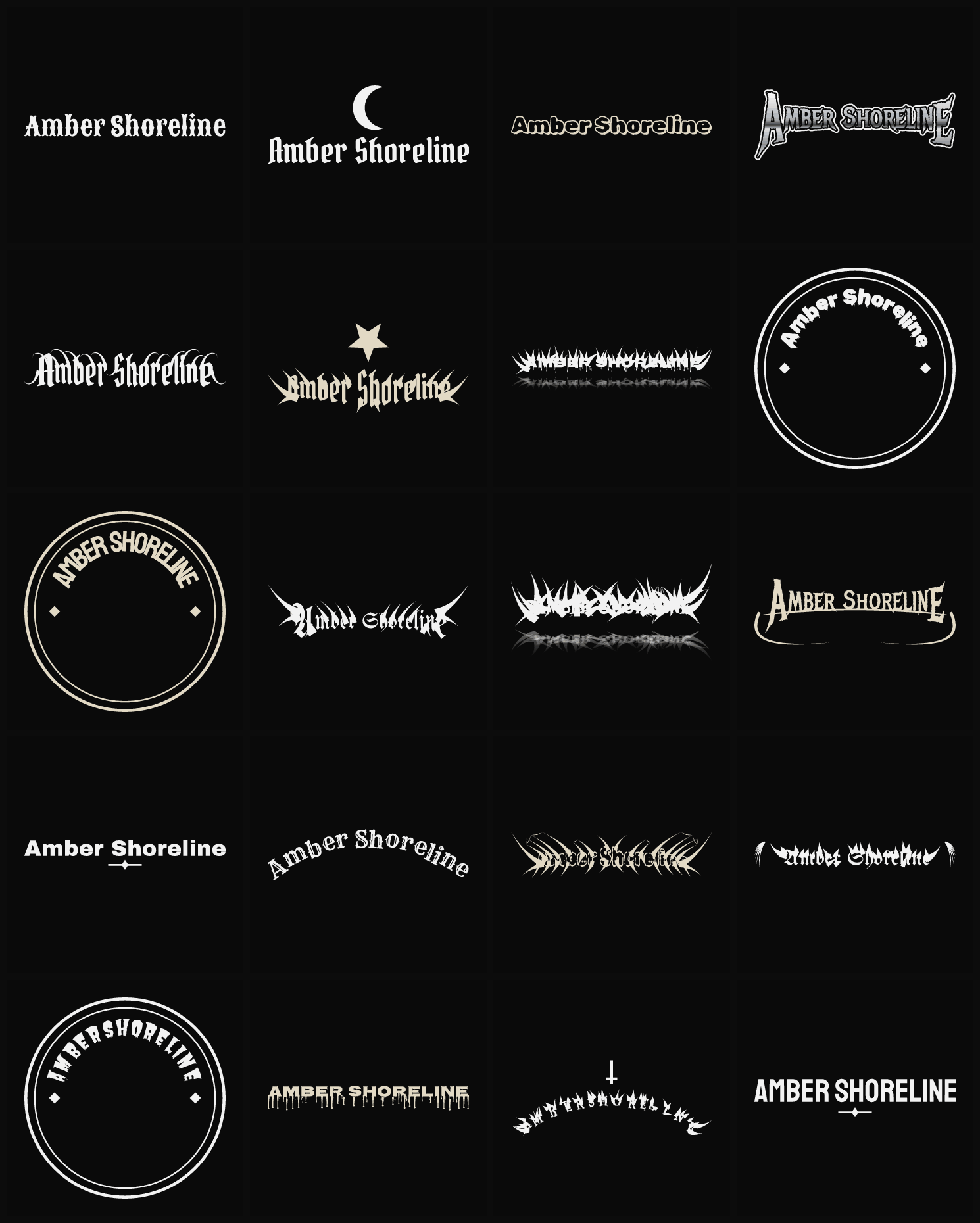 Twenty Amber Shoreline band logo ideas — different faces, treatments and spike settings