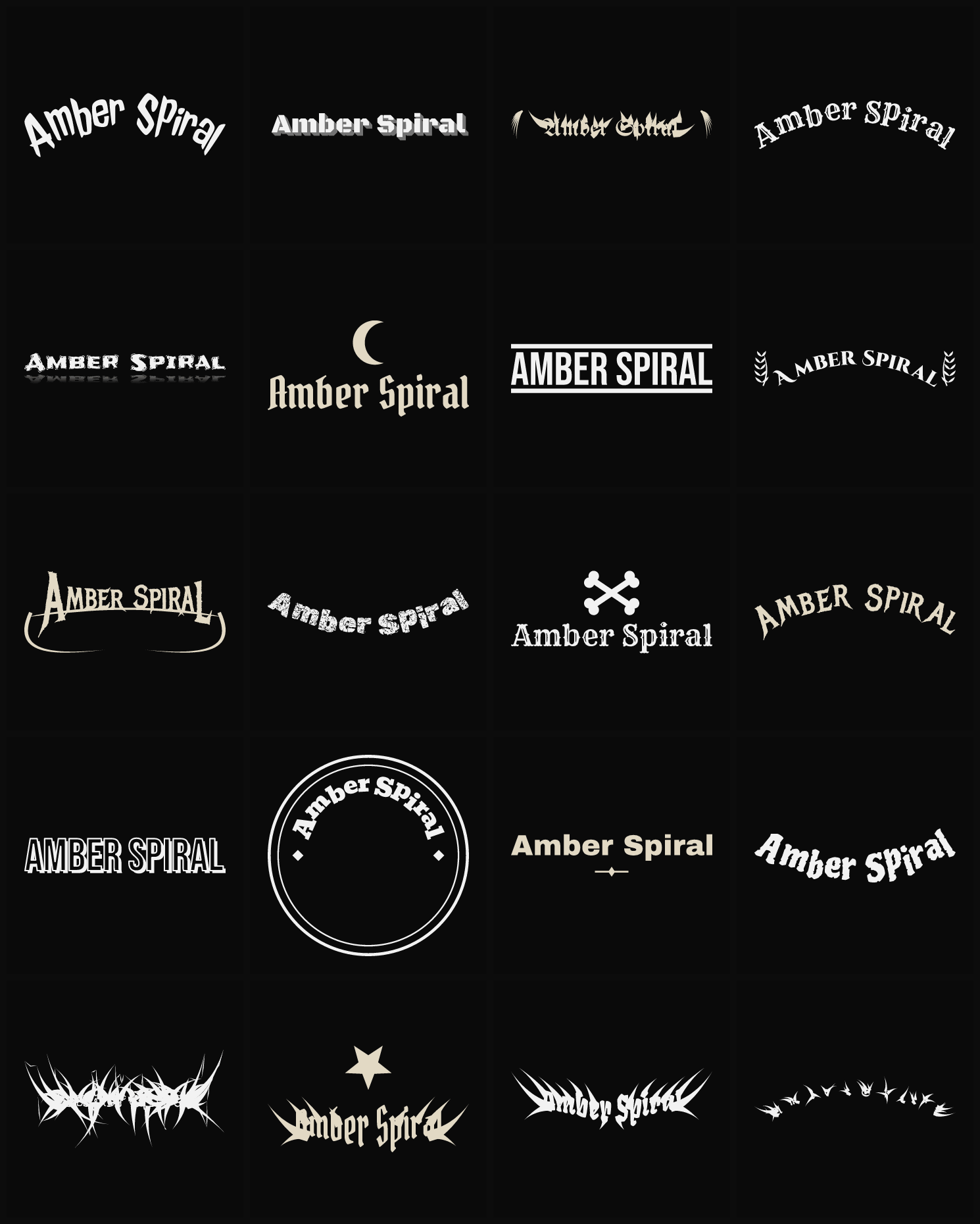 Twenty Amber Spiral band logo ideas — different faces, treatments and spike settings