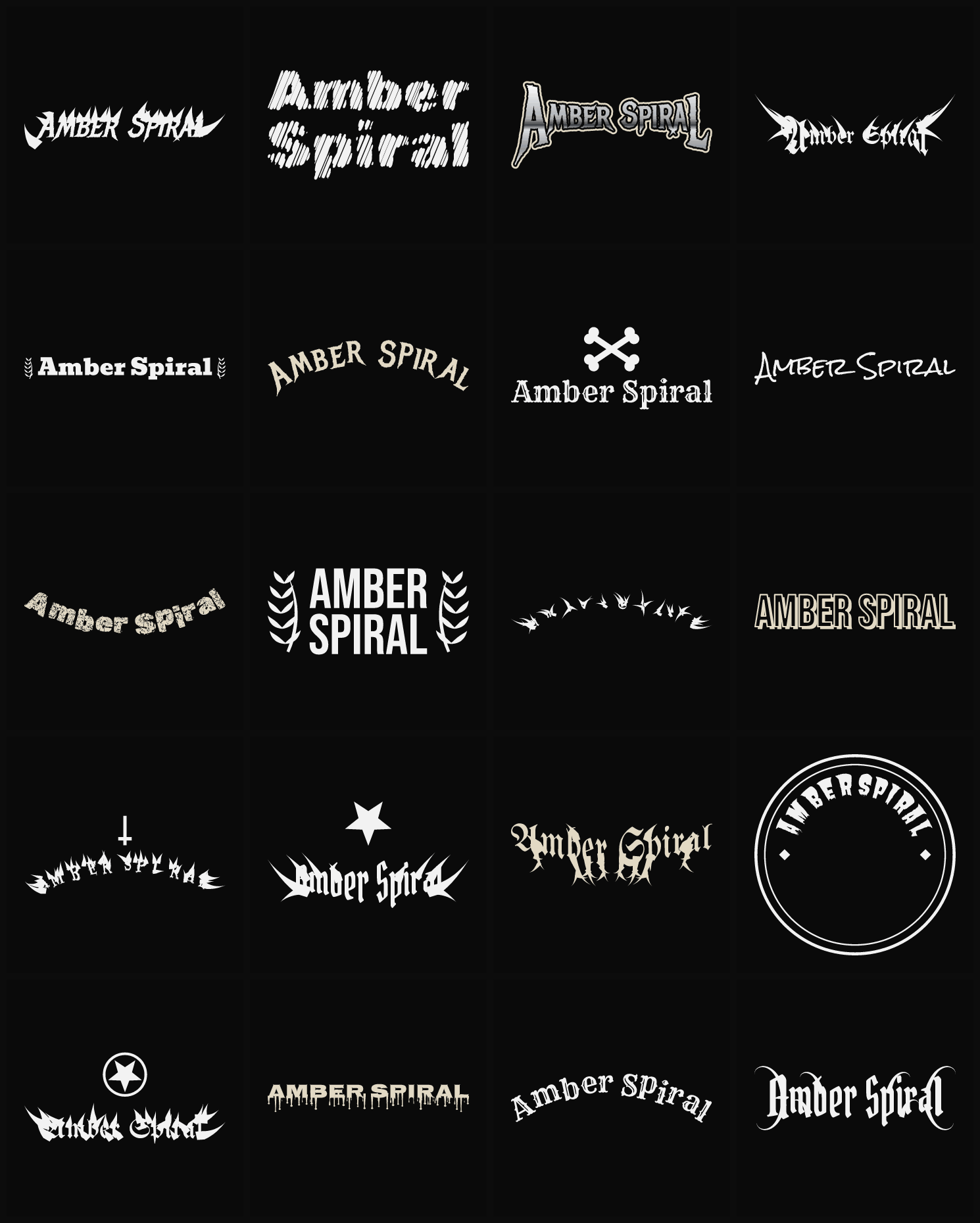 Twenty Amber Spiral band logo ideas — different faces, treatments and spike settings