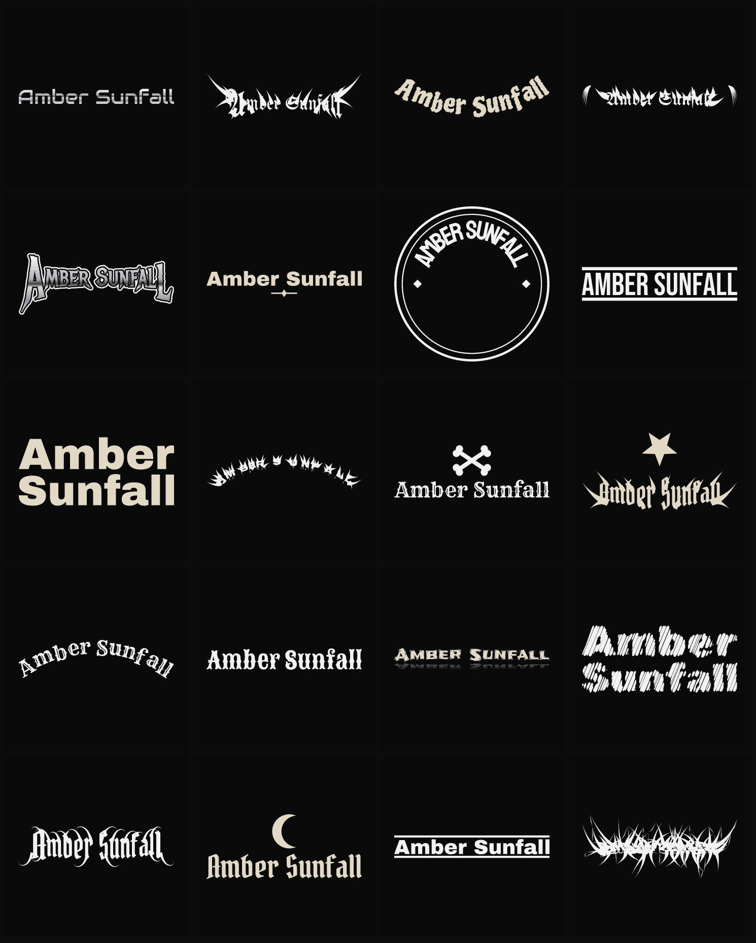 Twenty Amber Sunfall band logo ideas — different faces, treatments and spike settings
