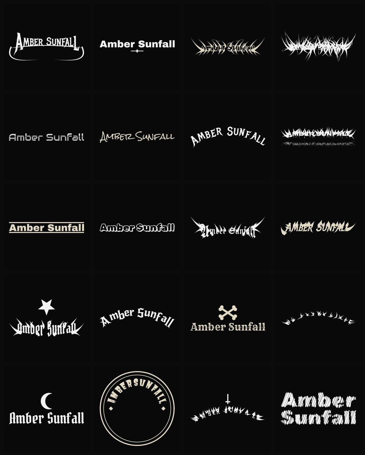 Twenty Amber Sunfall band logo ideas — different faces, treatments and spike settings
