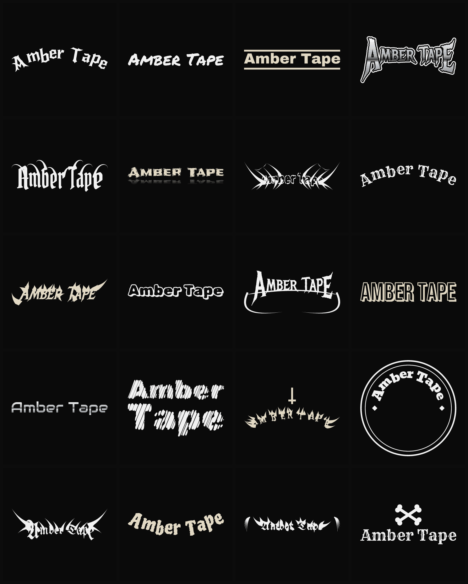 Twenty Amber Tape band logo ideas — different faces, treatments and spike settings