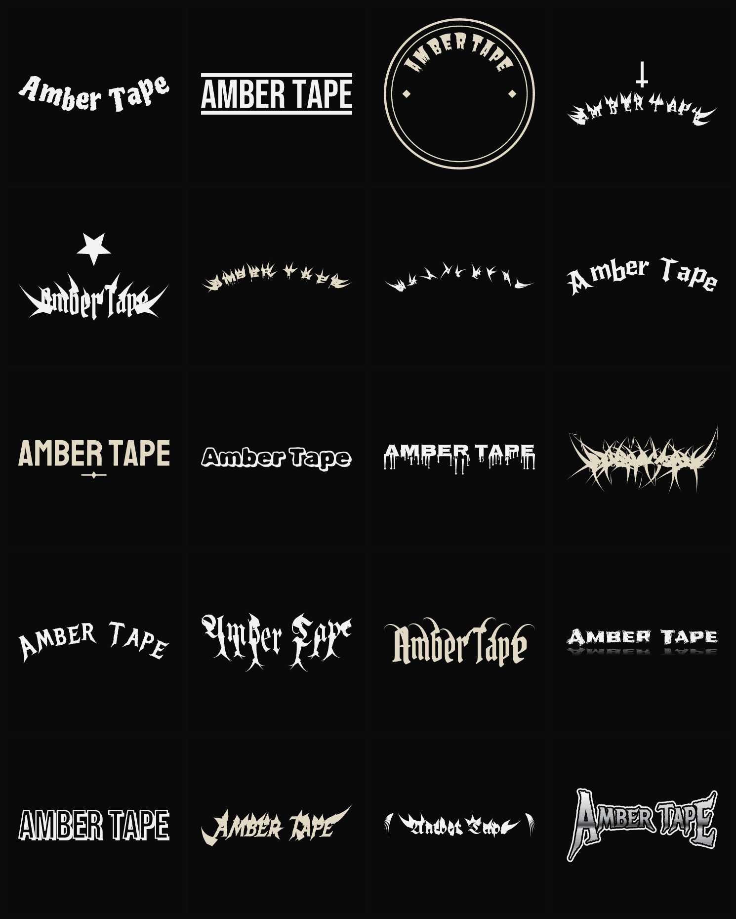 Twenty Amber Tape band logo ideas — different faces, treatments and spike settings