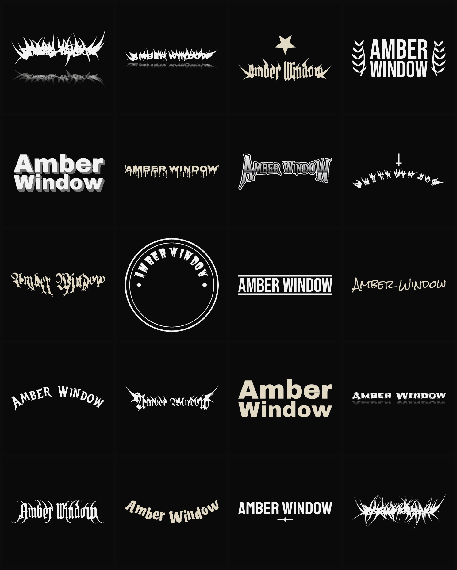 Twenty Amber Window band logo ideas — different faces, treatments and spike settings