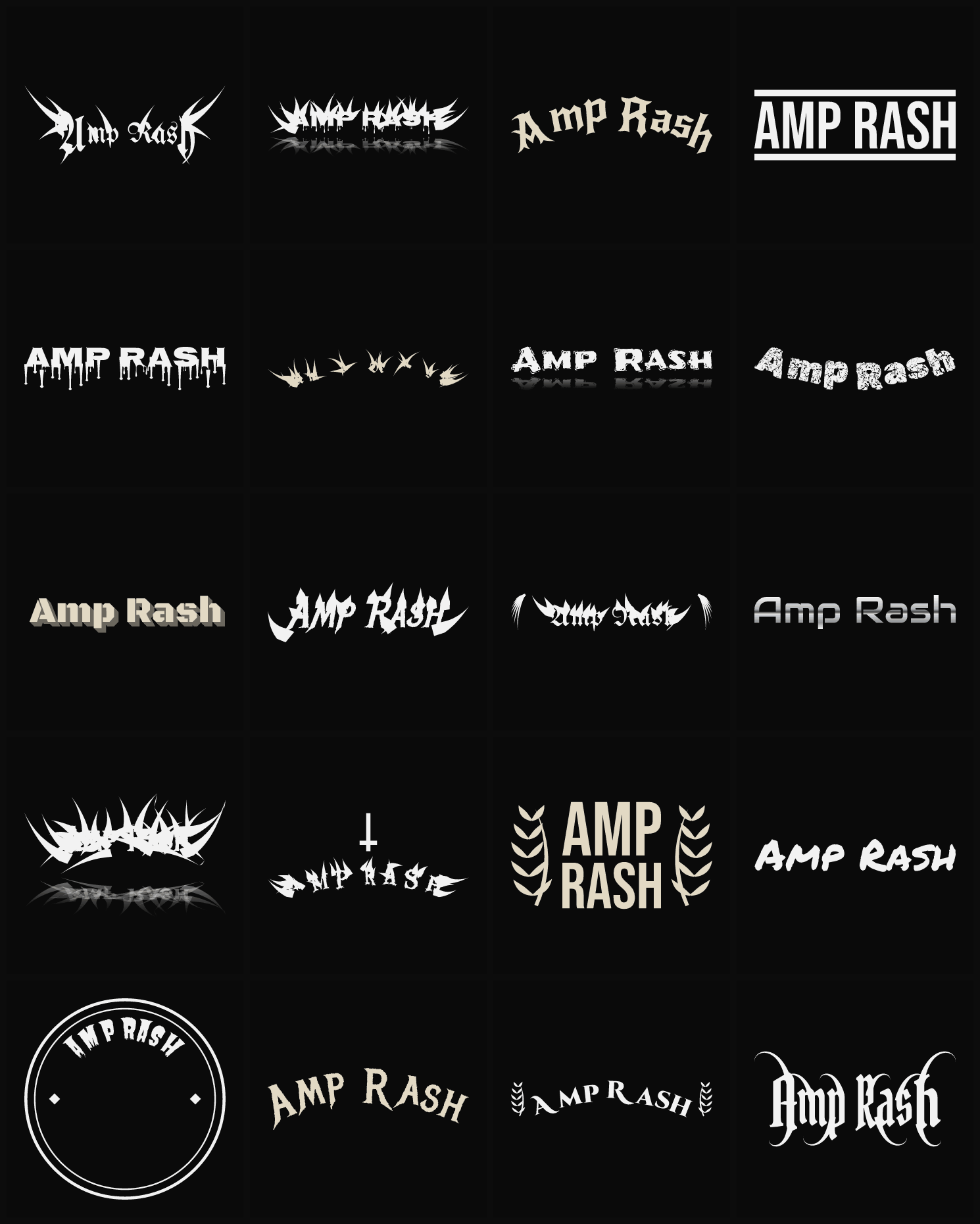 Twenty Amp Rash band logo ideas — different faces, treatments and spike settings