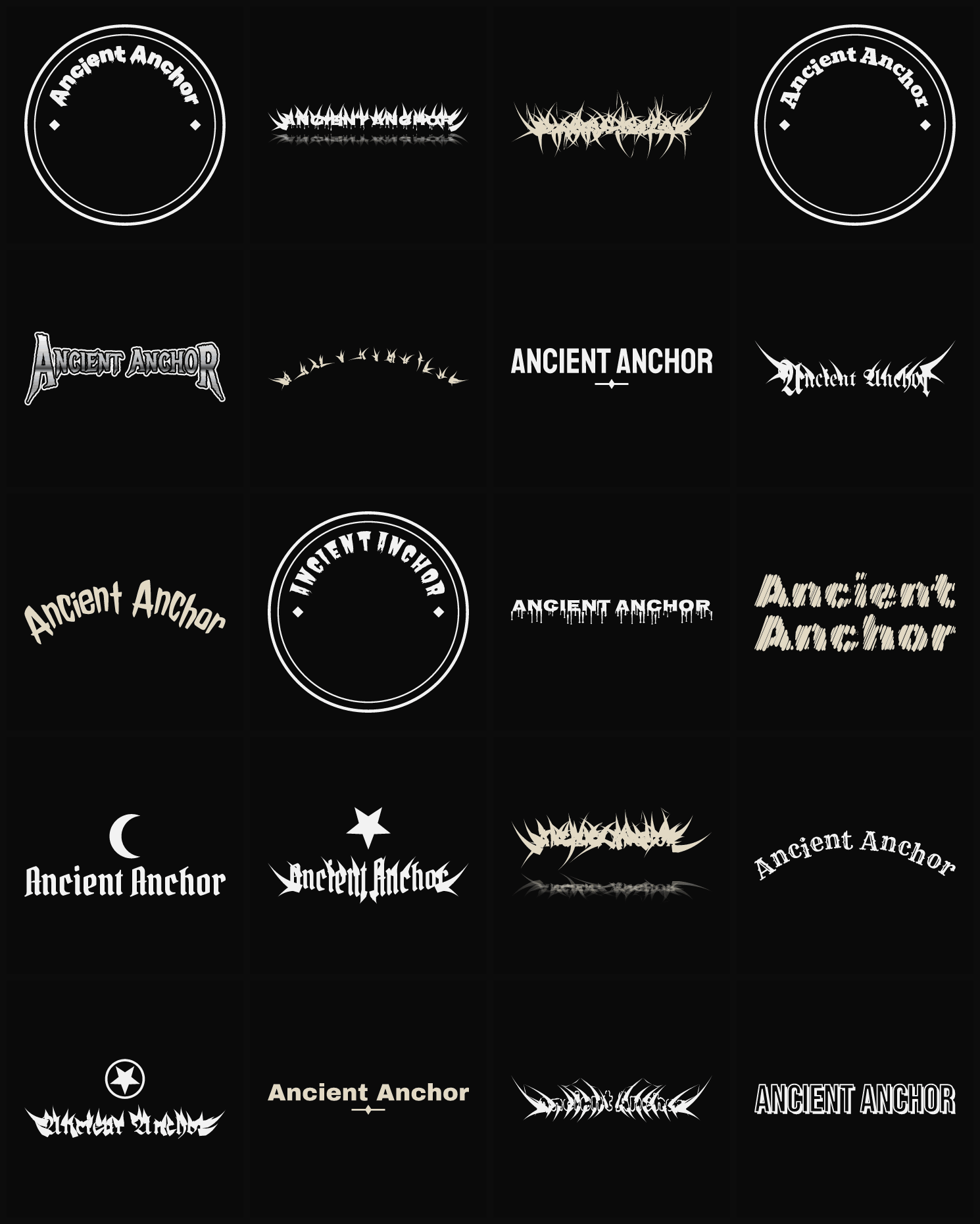 Twenty Ancient Anchor band logo ideas — different faces, treatments and spike settings