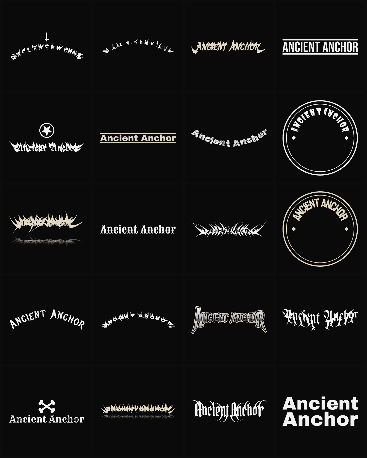 Twenty Ancient Anchor band logo ideas — different faces, treatments and spike settings
