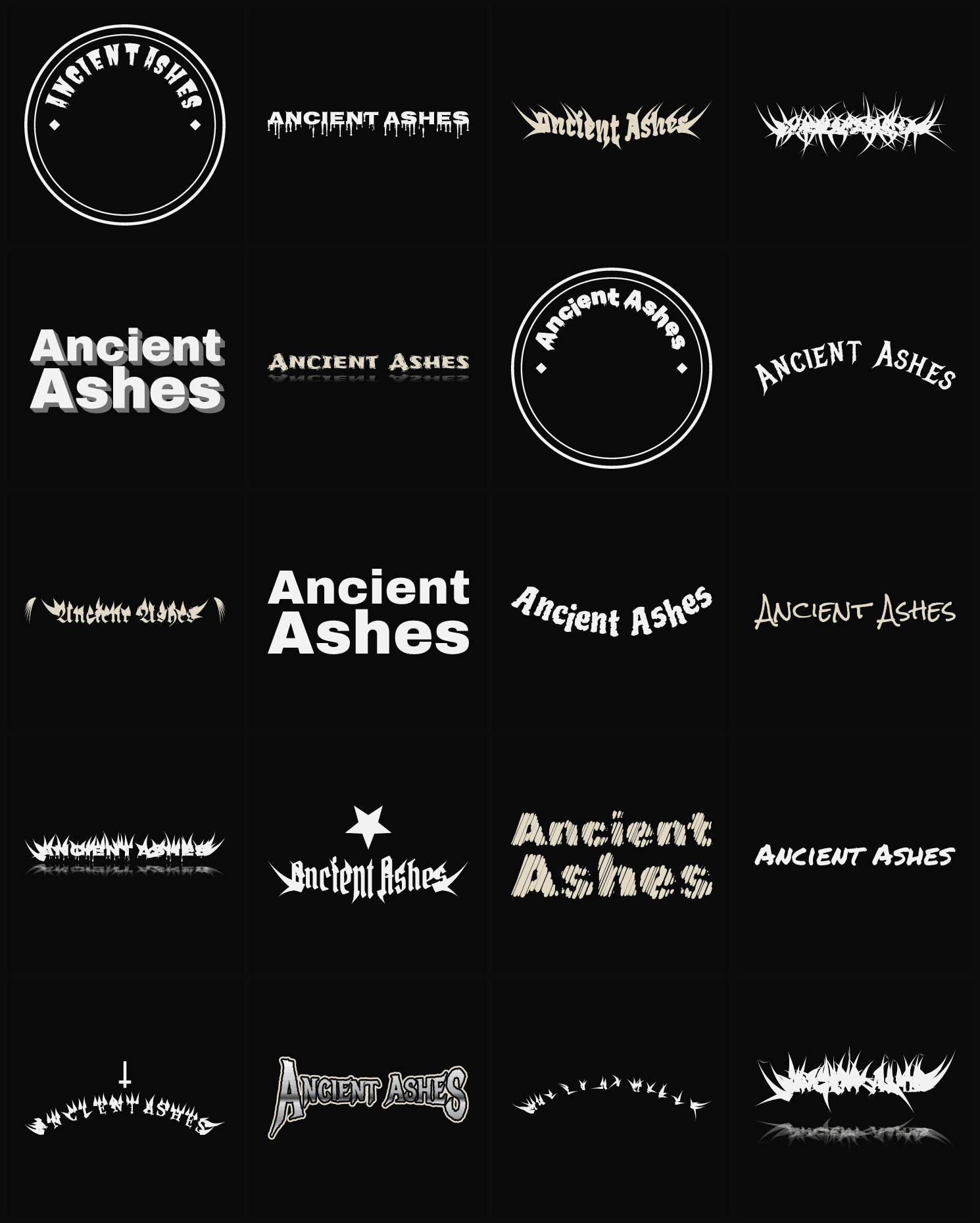Twenty Ancient Ashes band logo ideas — different faces, treatments and spike settings