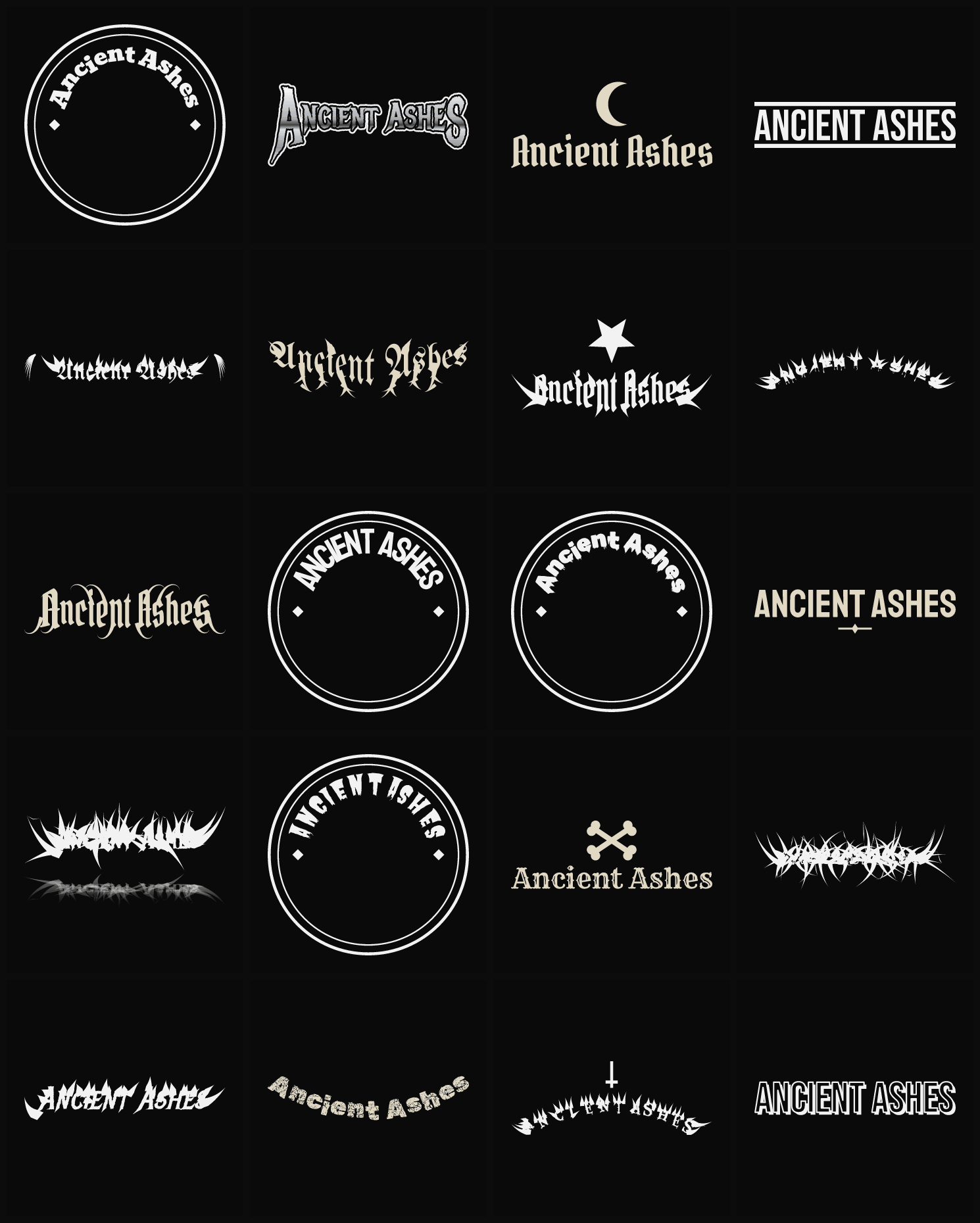Twenty Ancient Ashes band logo ideas — different faces, treatments and spike settings