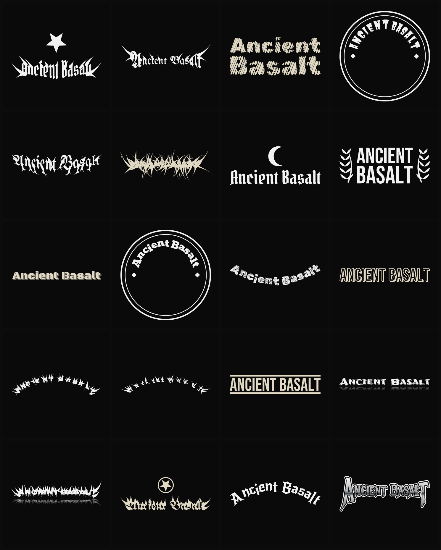 Twenty Ancient Basalt band logo ideas — different faces, treatments and spike settings