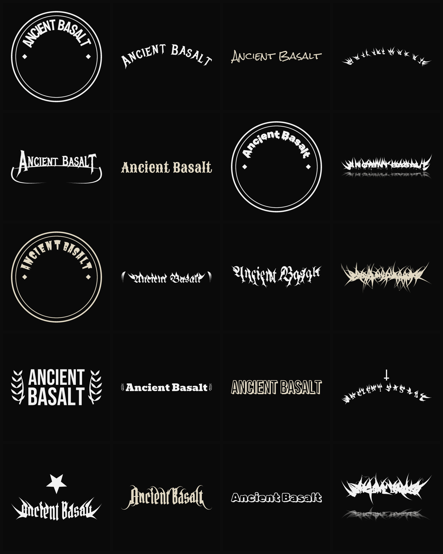 Twenty Ancient Basalt band logo ideas — different faces, treatments and spike settings