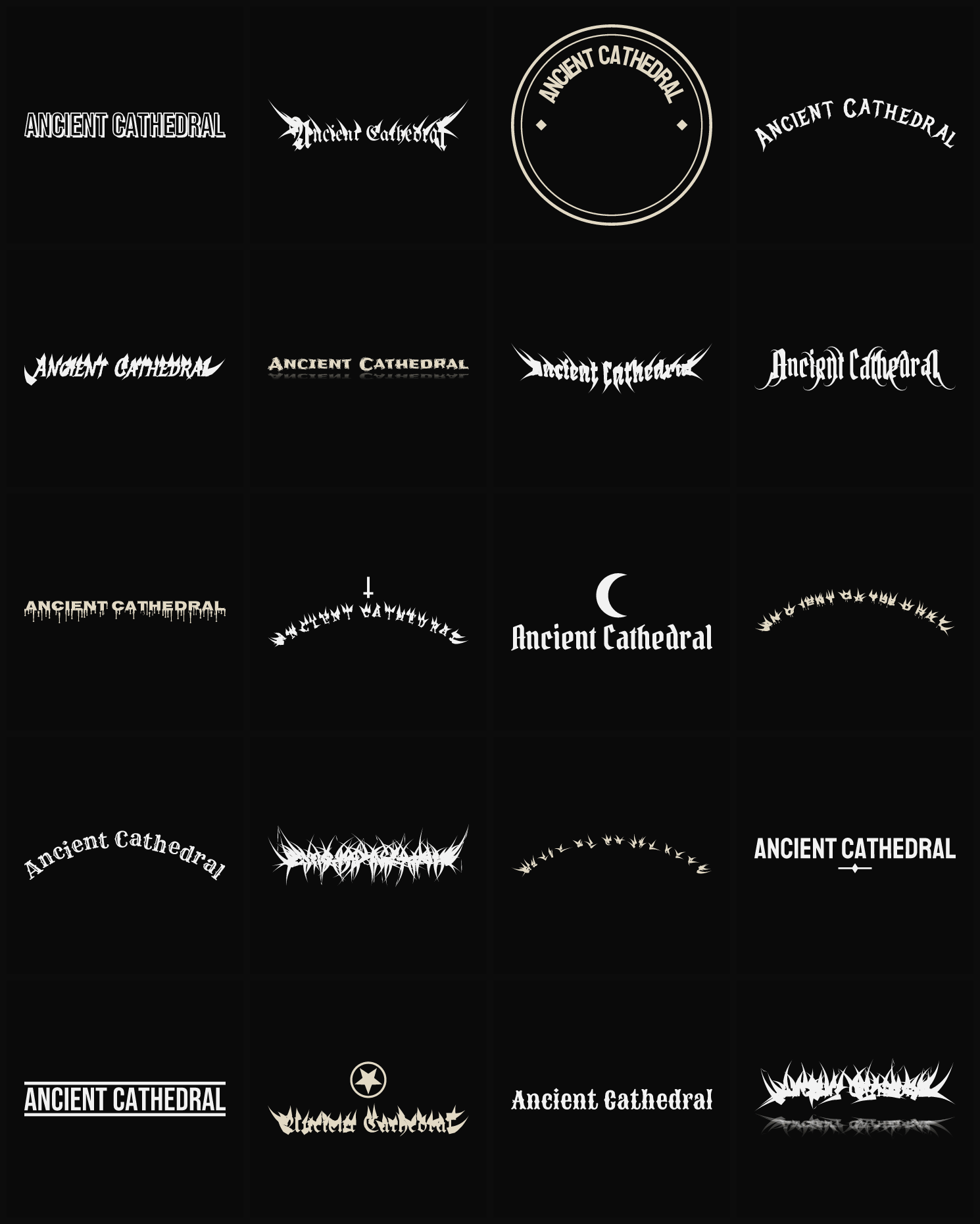 Twenty Ancient Cathedral band logo ideas — different faces, treatments and spike settings