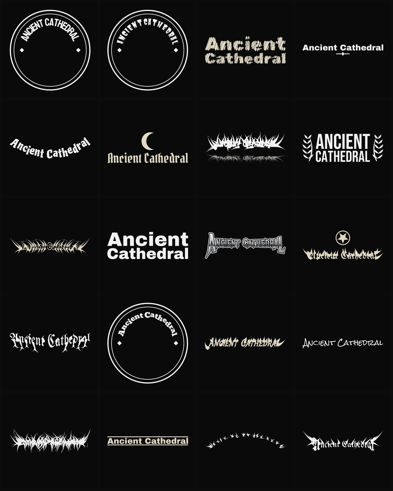 Twenty Ancient Cathedral band logo ideas — different faces, treatments and spike settings