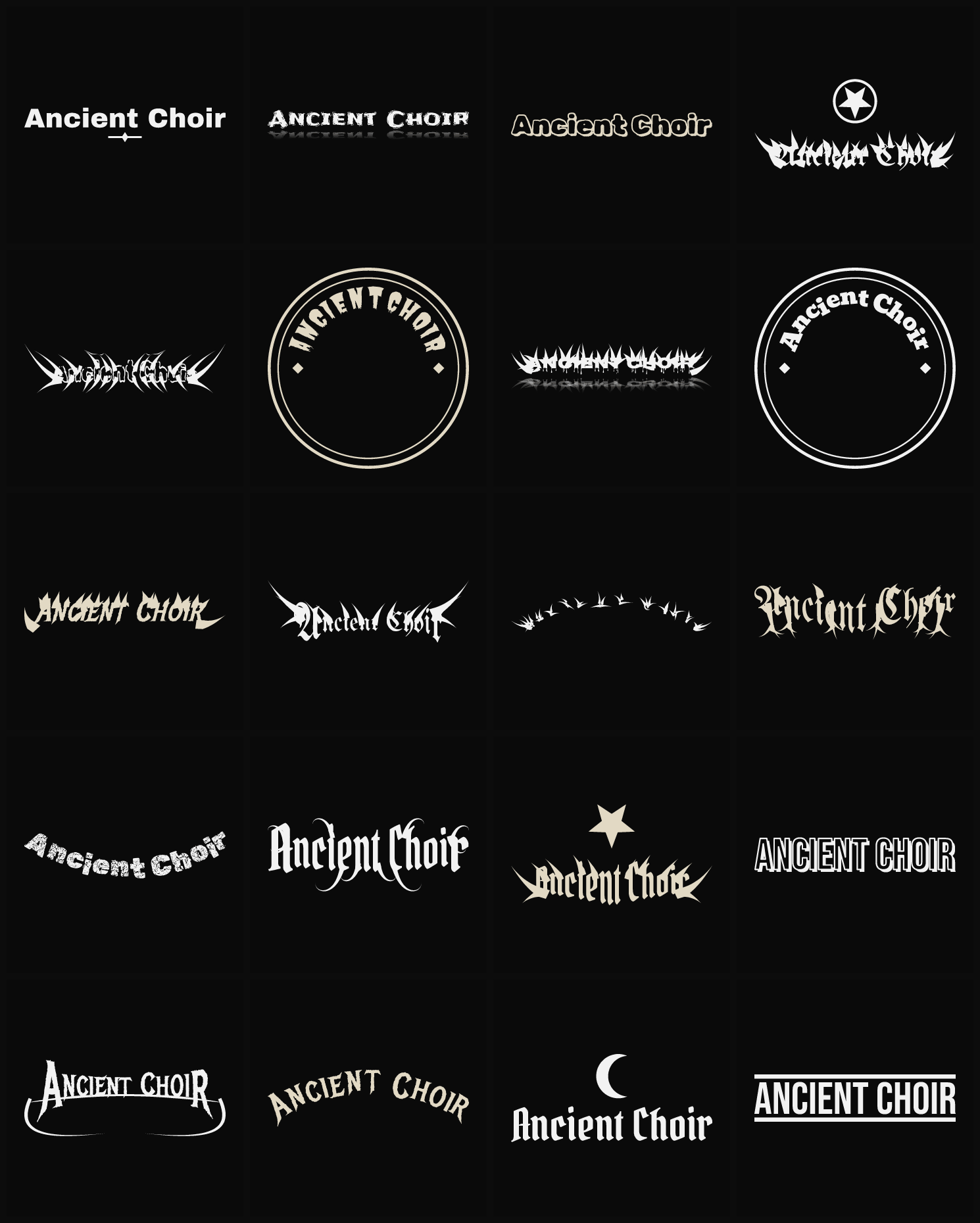 Twenty Ancient Choir band logo ideas — different faces, treatments and spike settings