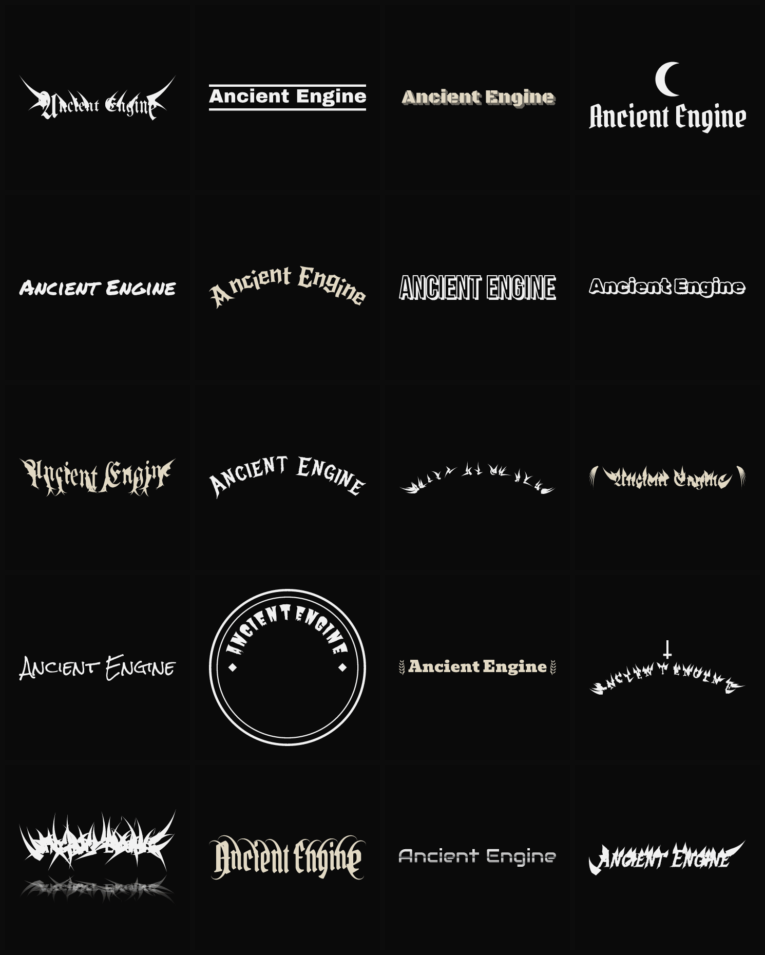 Twenty Ancient Engine band logo ideas — different faces, treatments and spike settings