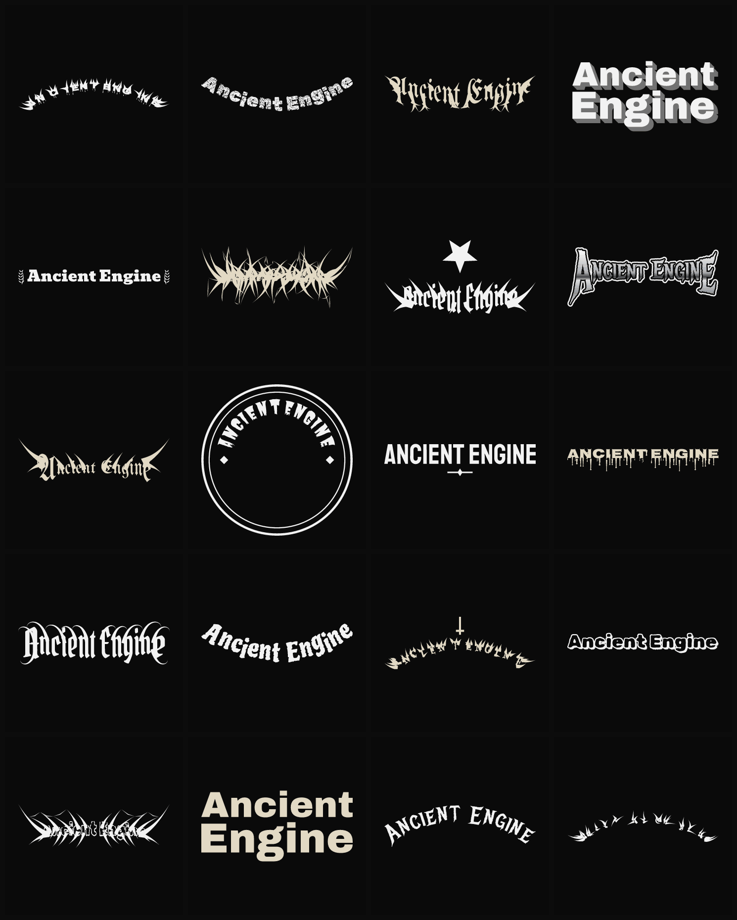 Twenty Ancient Engine band logo ideas — different faces, treatments and spike settings
