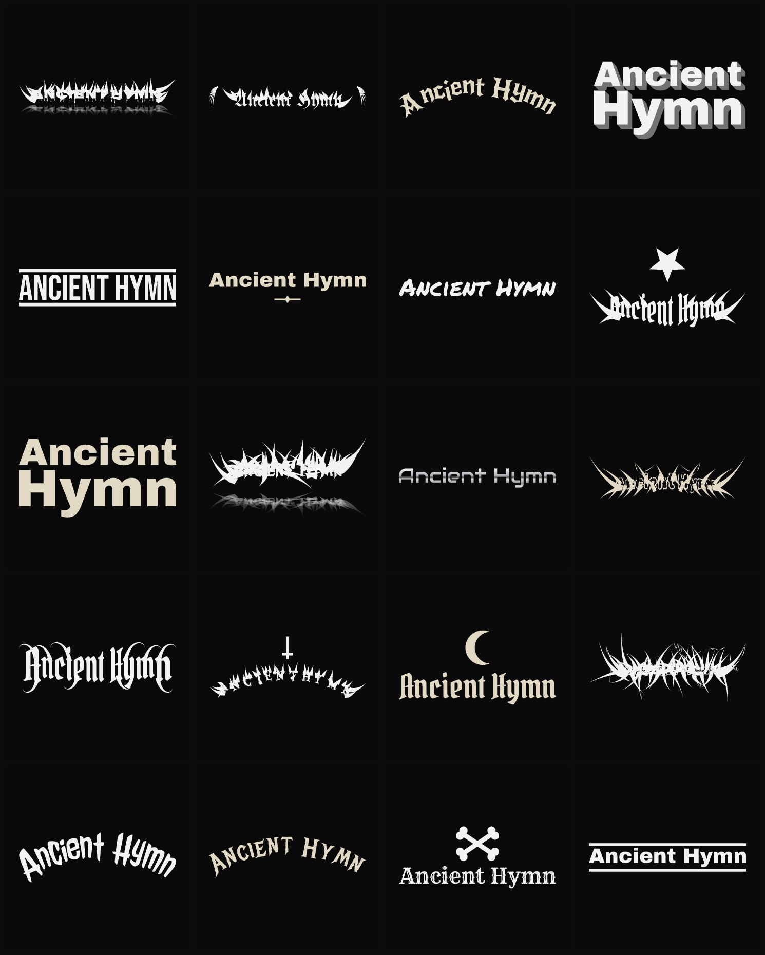 Twenty Ancient Hymn band logo ideas — different faces, treatments and spike settings
