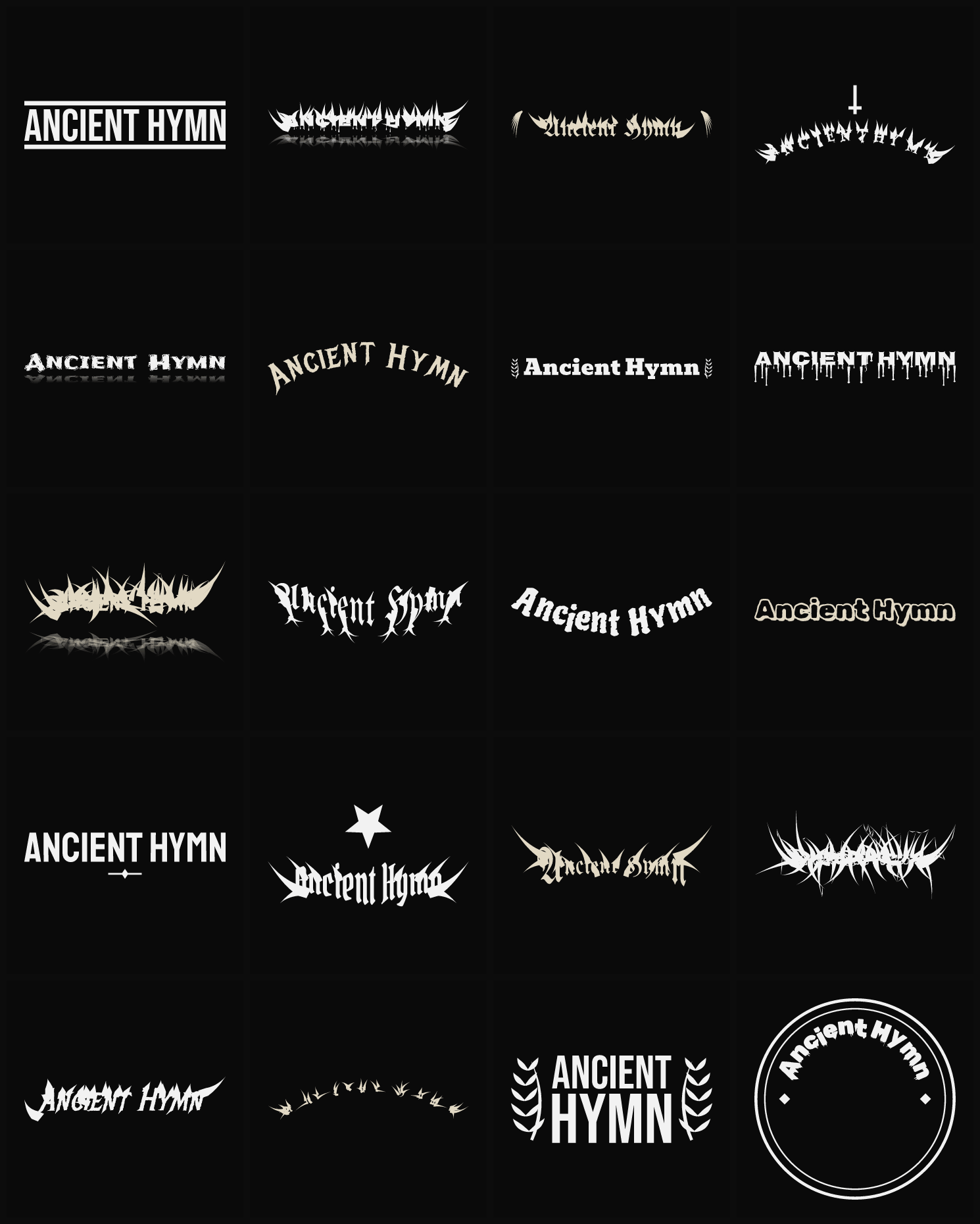Twenty Ancient Hymn band logo ideas — different faces, treatments and spike settings