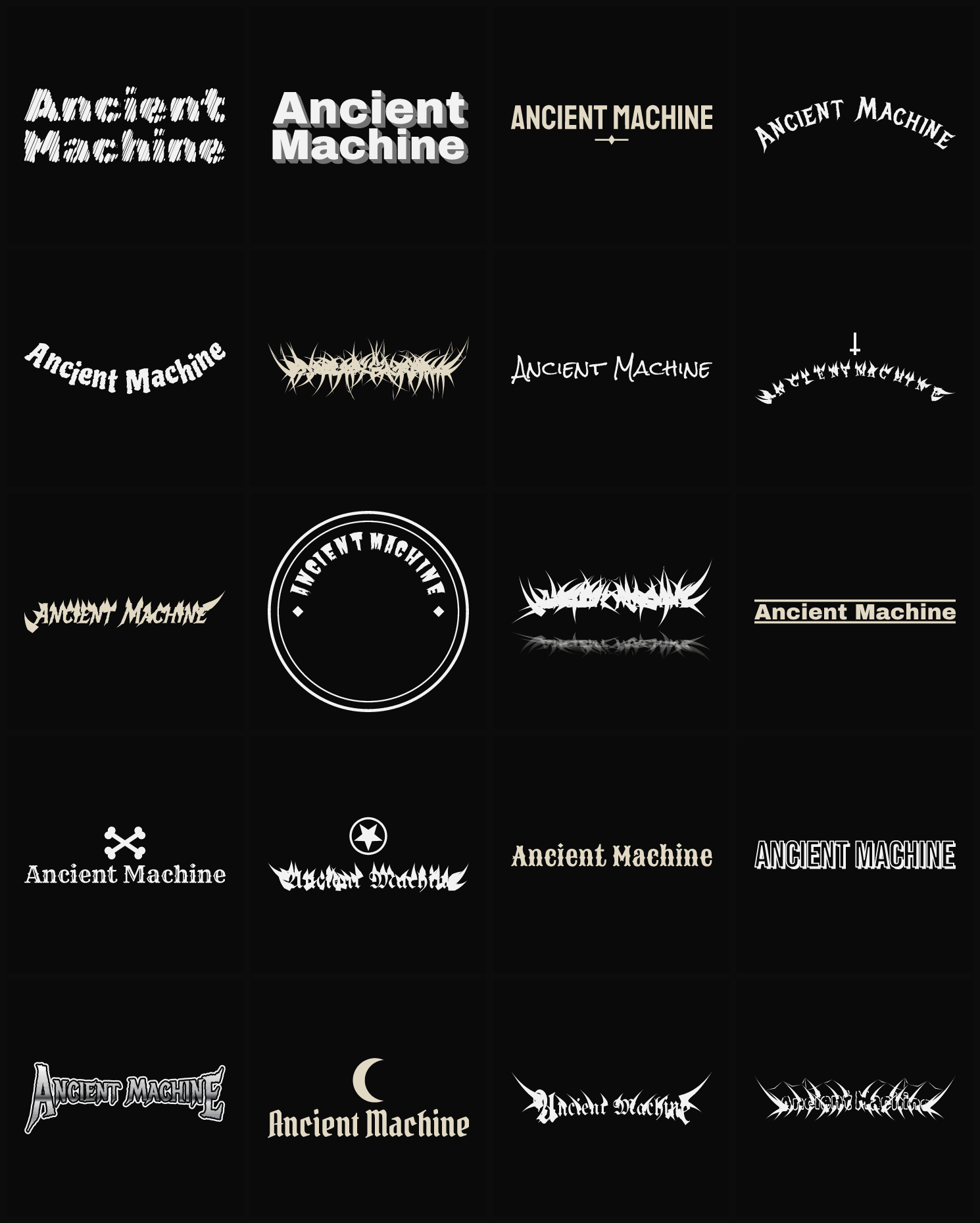 Twenty Ancient Machine band logo ideas — different faces, treatments and spike settings